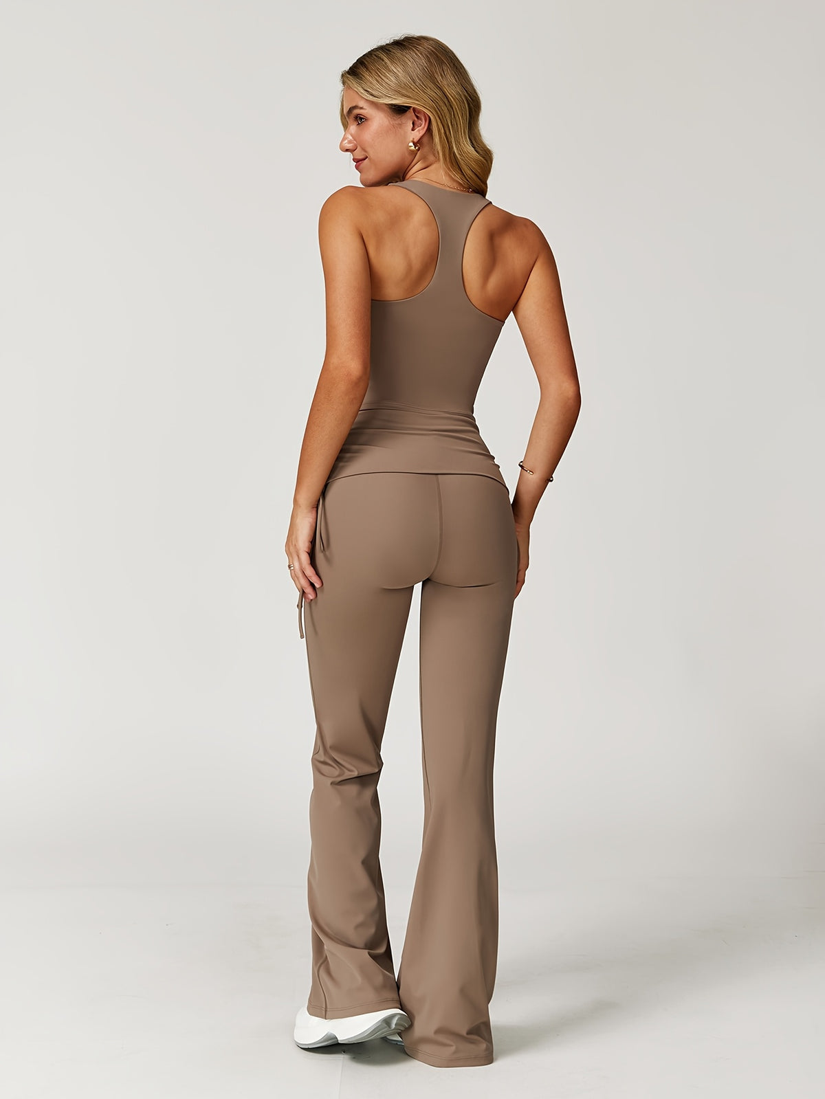 Drawstring Tank & Flared Pants Set - Camel