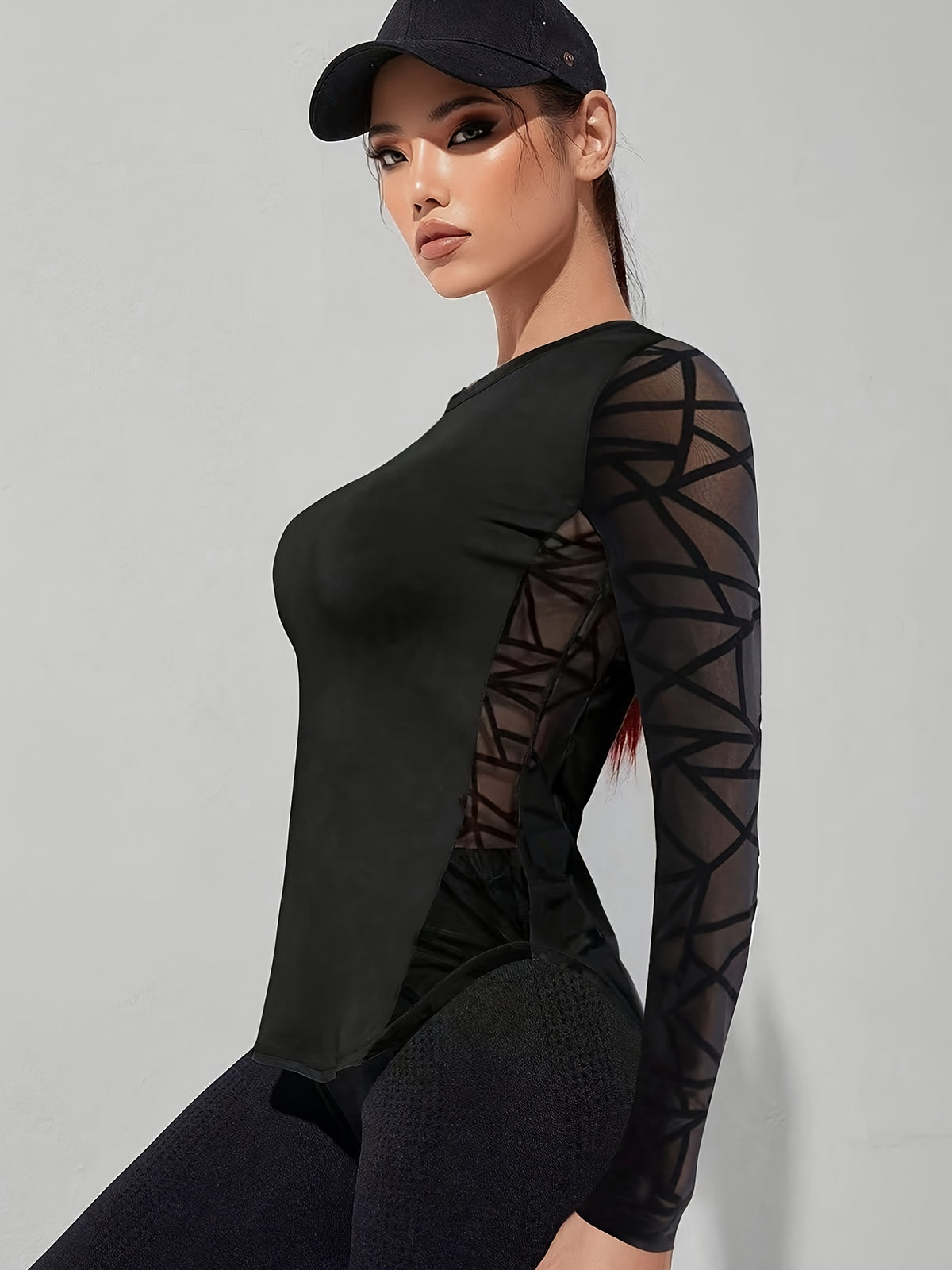 Flocked Mesh Patchwork Long Sleeve Tee - Black
