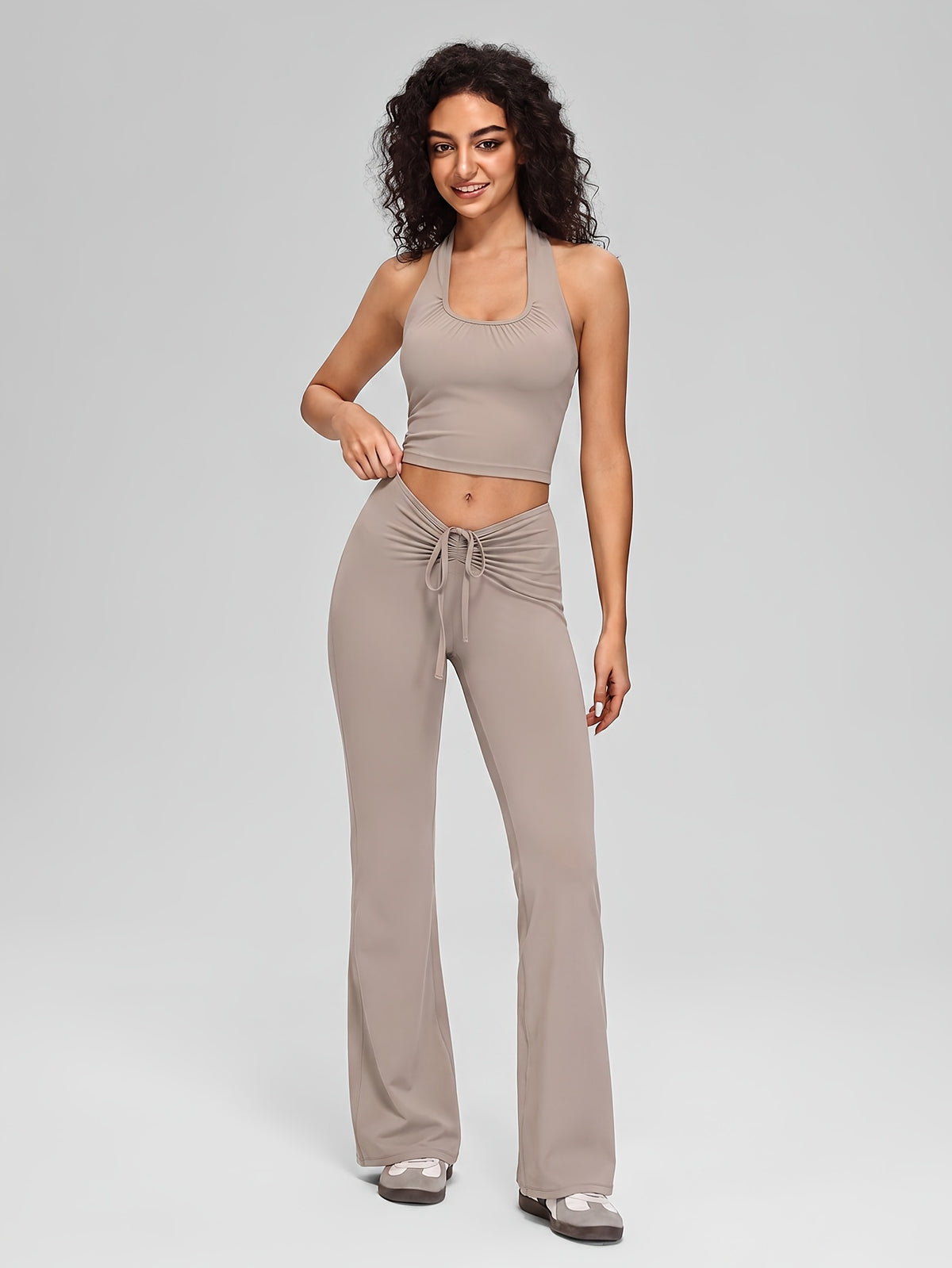 Halter Tank & Drawstring Flare Set - Khaki