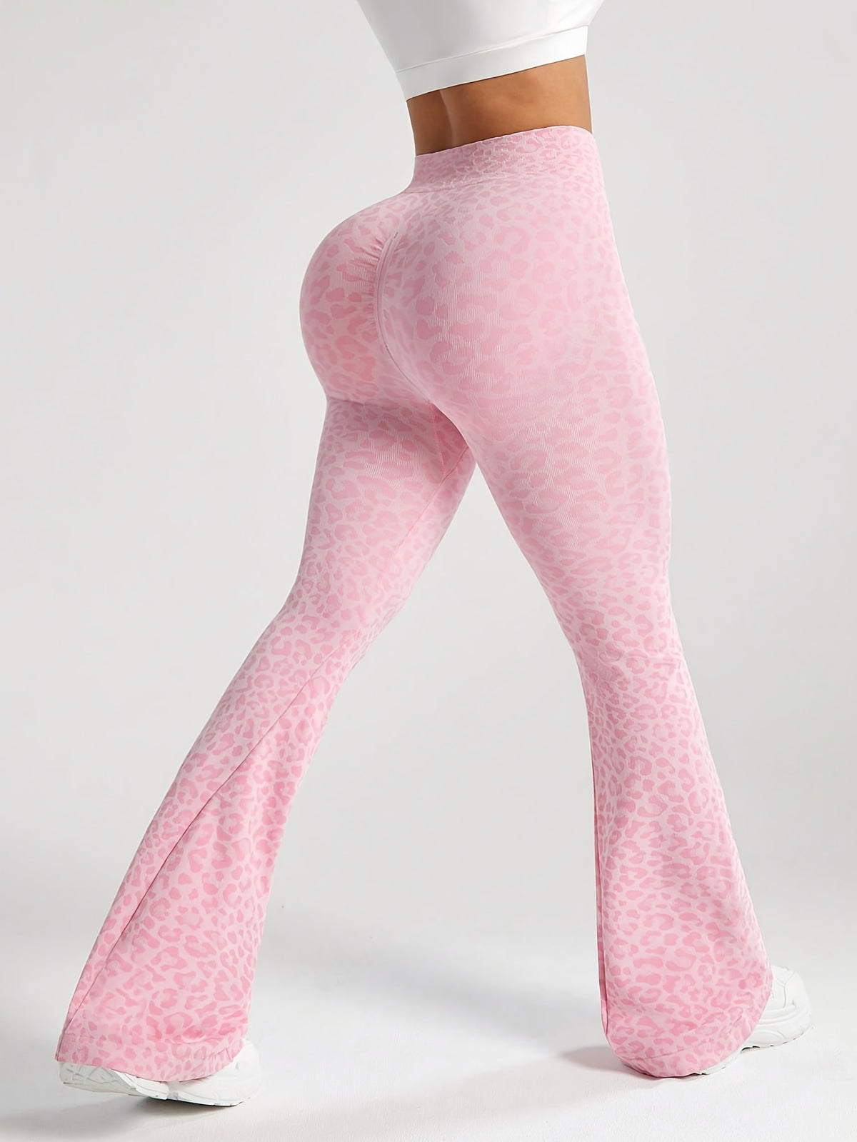 Leopard Ribbed Flare Pants - Pink Red
