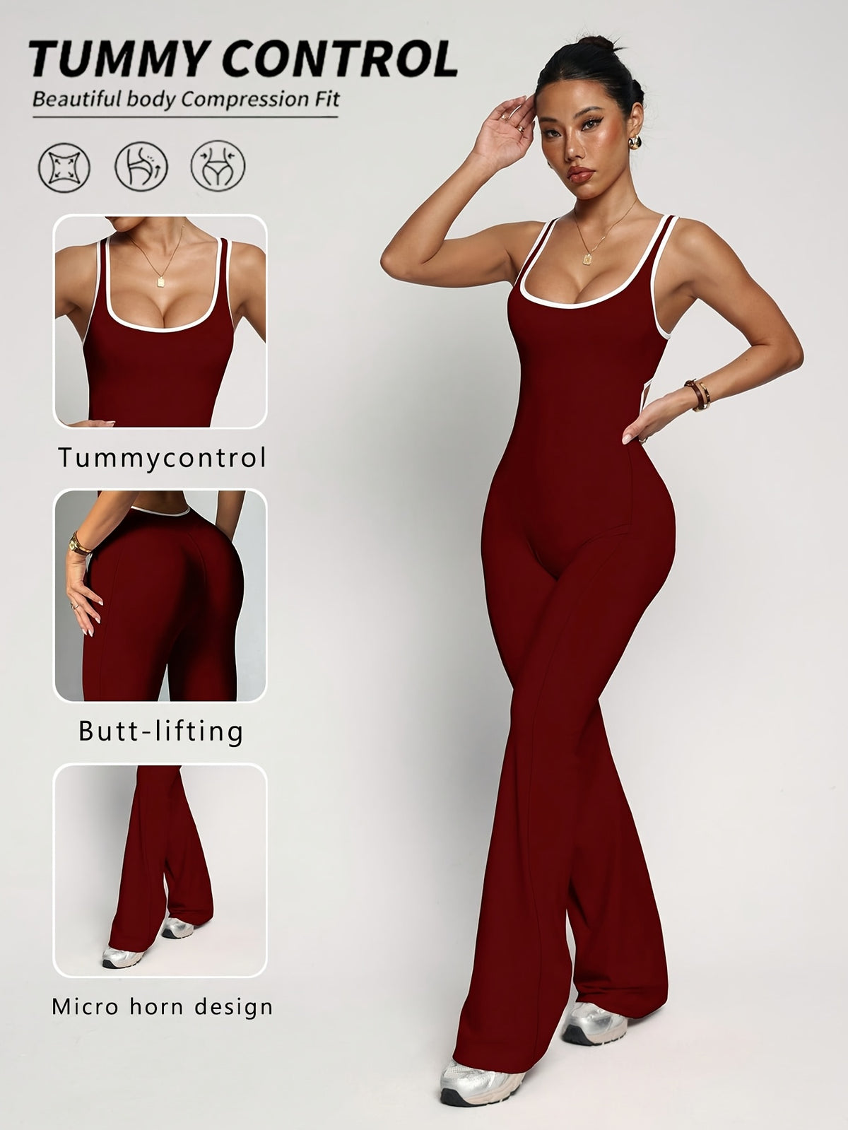 Cut Out Waist Flare Jumpsuit - Burgundy