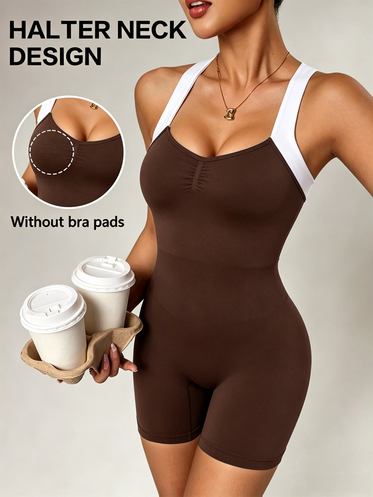 Halter Cross Back Romper - Brown