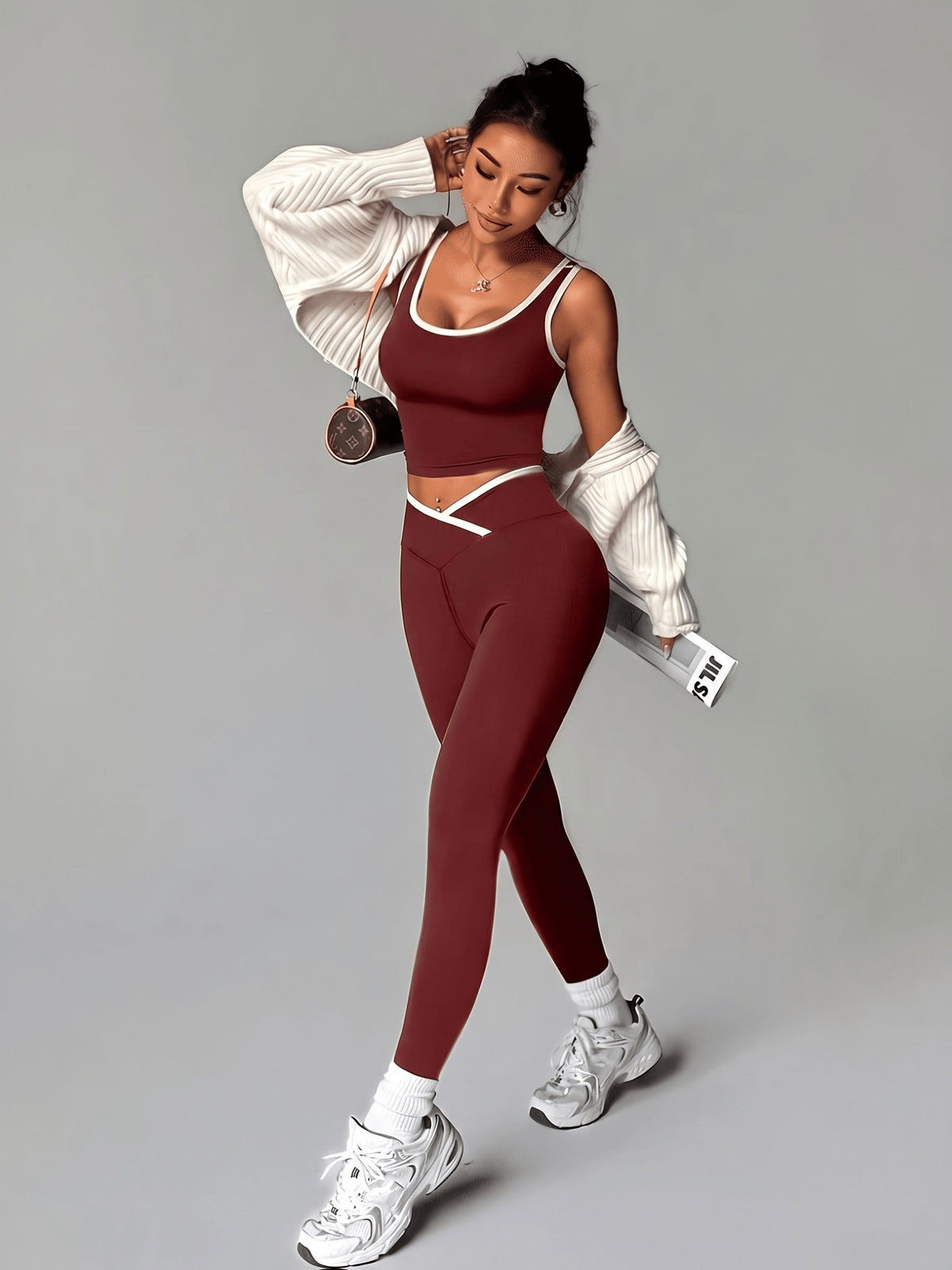 Crossover Waist Top & Leggings Set - Burgundy