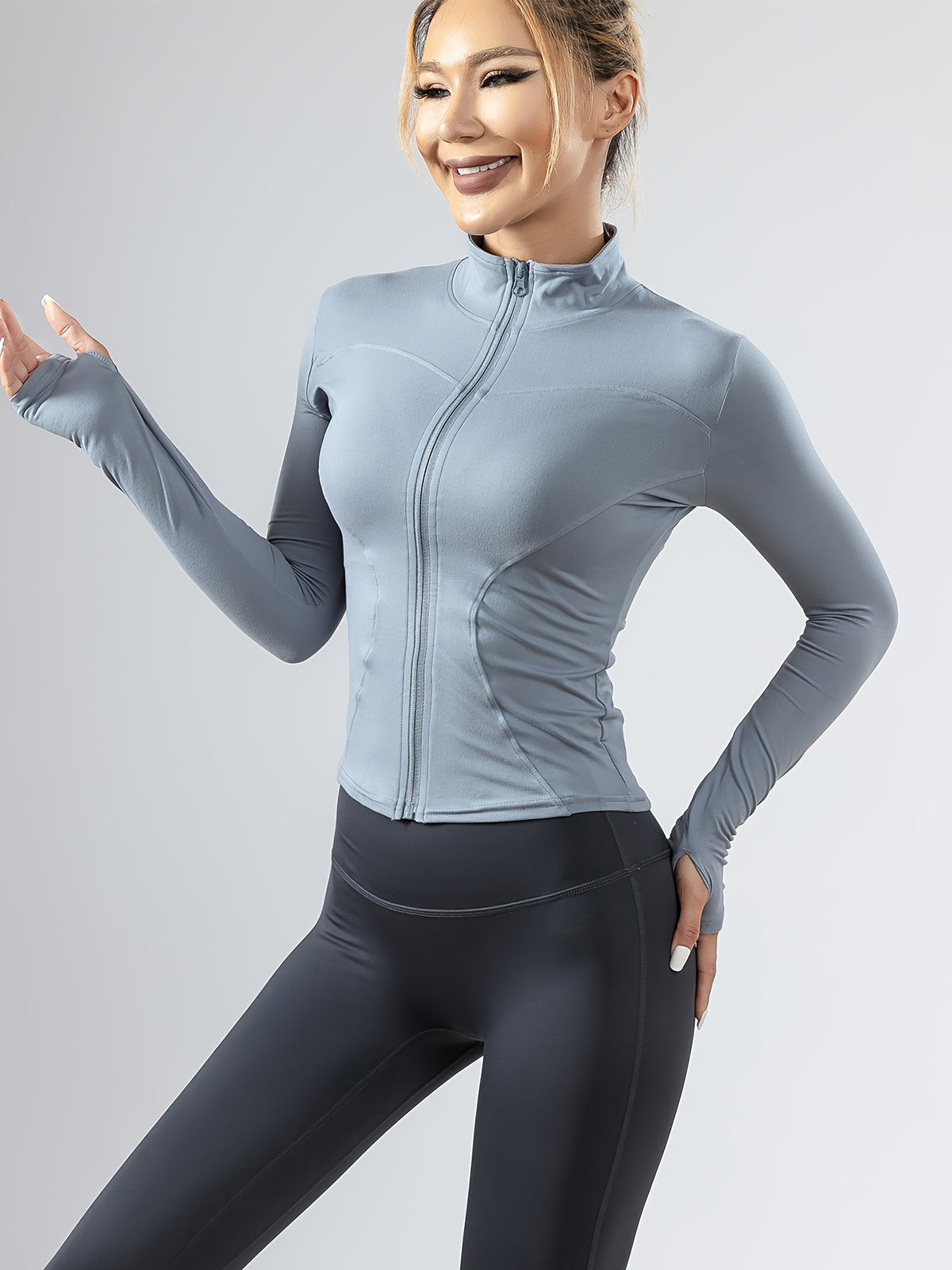 Slim Fit Cropped Zip Running Jacket - Light Blue