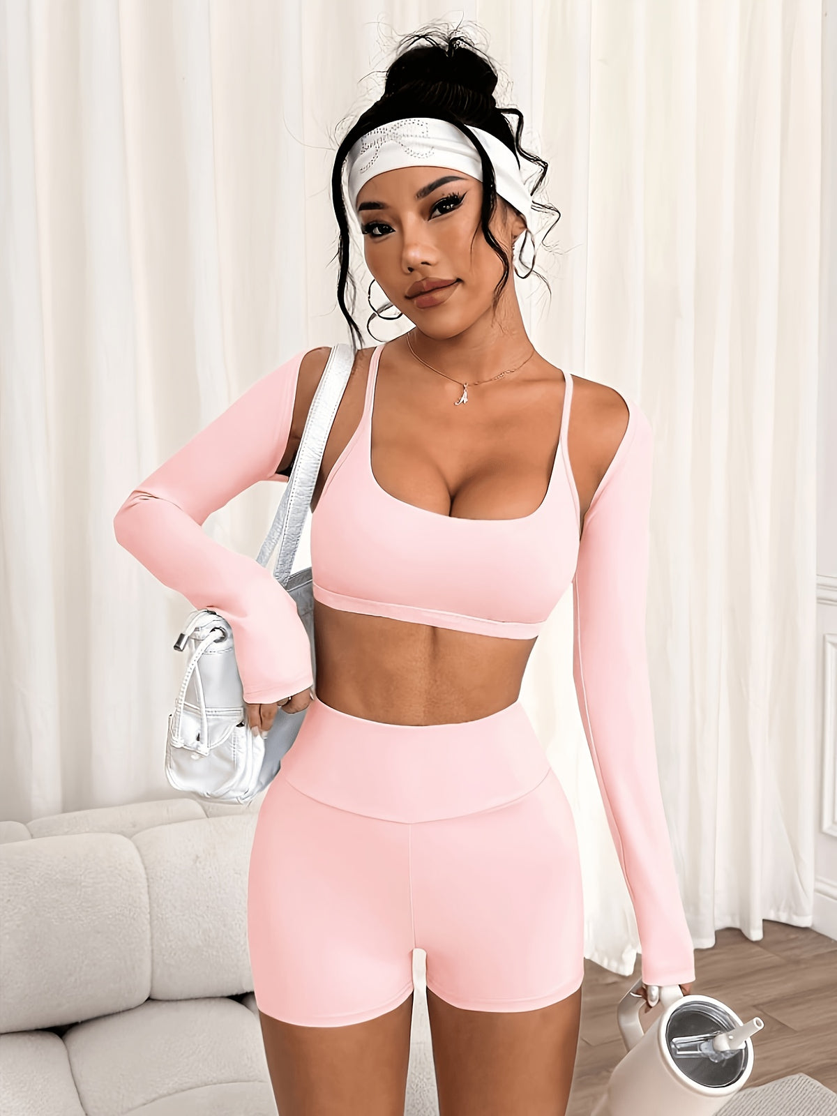 Shrug, Bra & Shorts 3 Piece Set - Pink