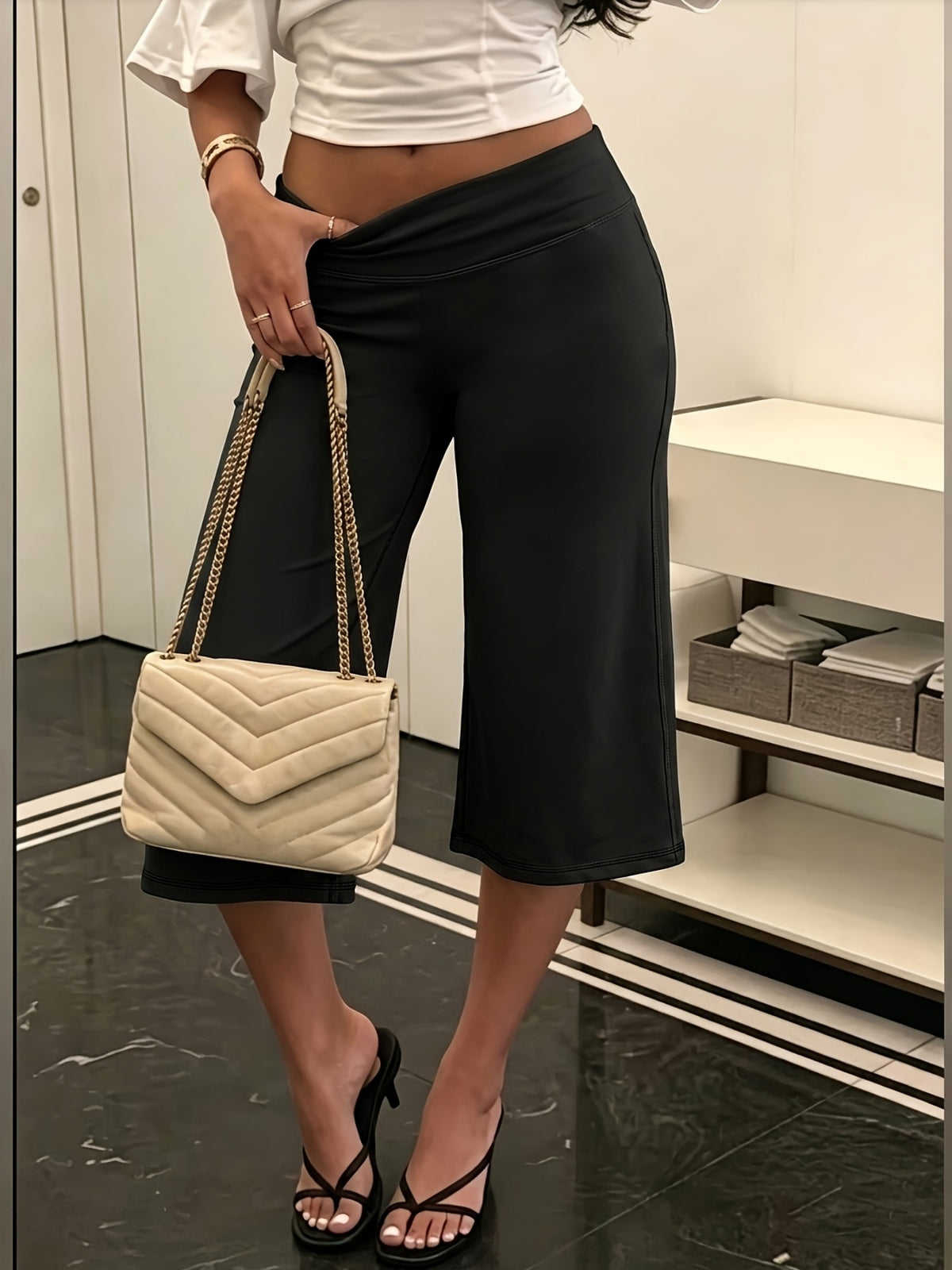 High Waist Wide Leg Capri Pants - Black