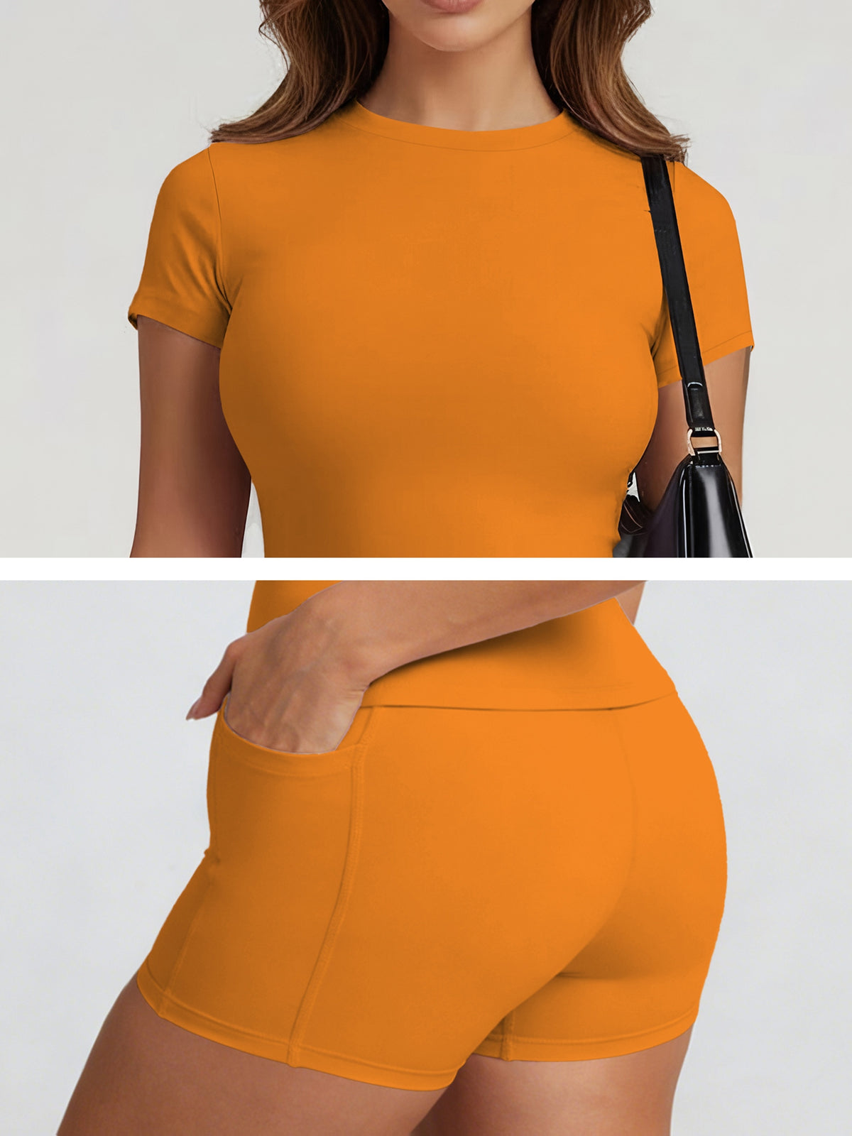 Tummy Control Top & Pocket Shorts Set - Orange