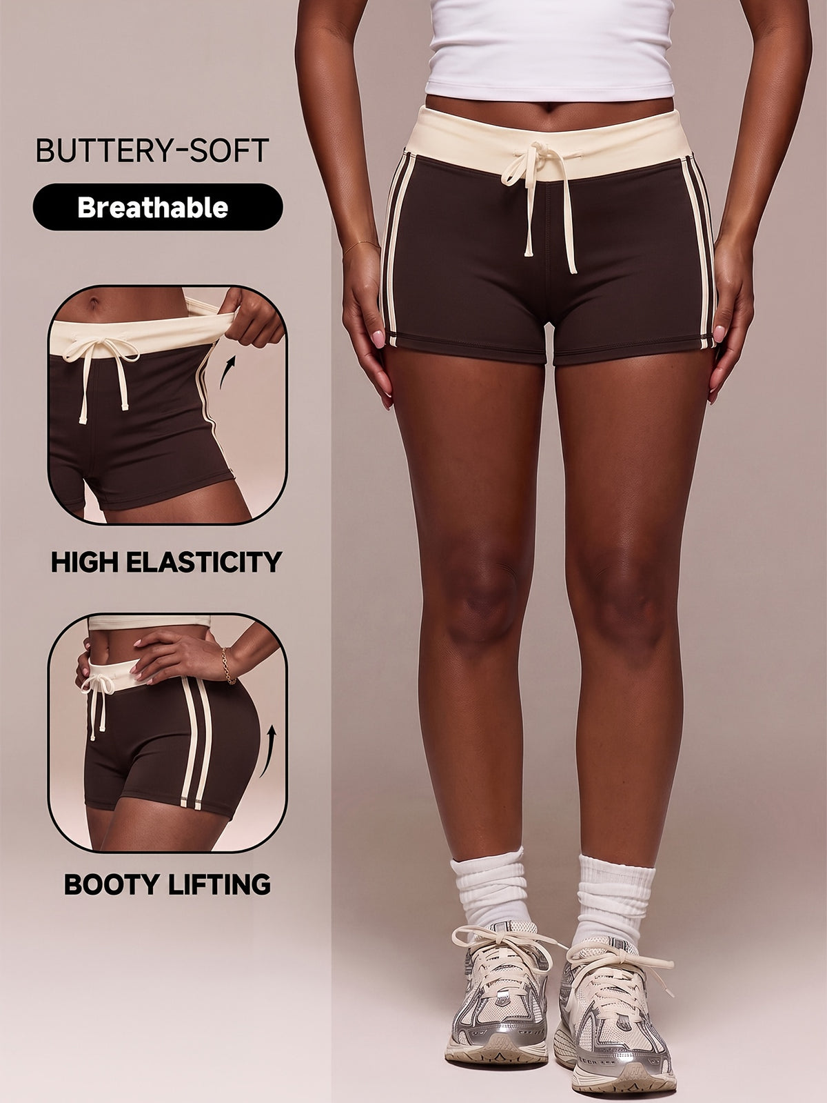 Side Stripe Drawstring Shorts - Coffee