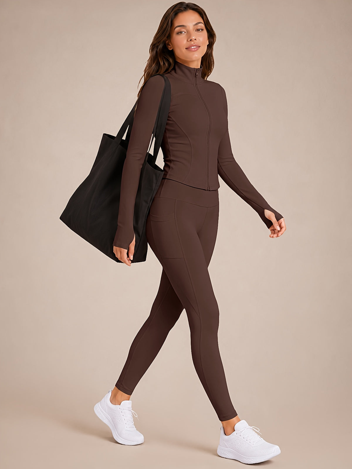 Stand Collar Jacket & Leggings Set - Brown