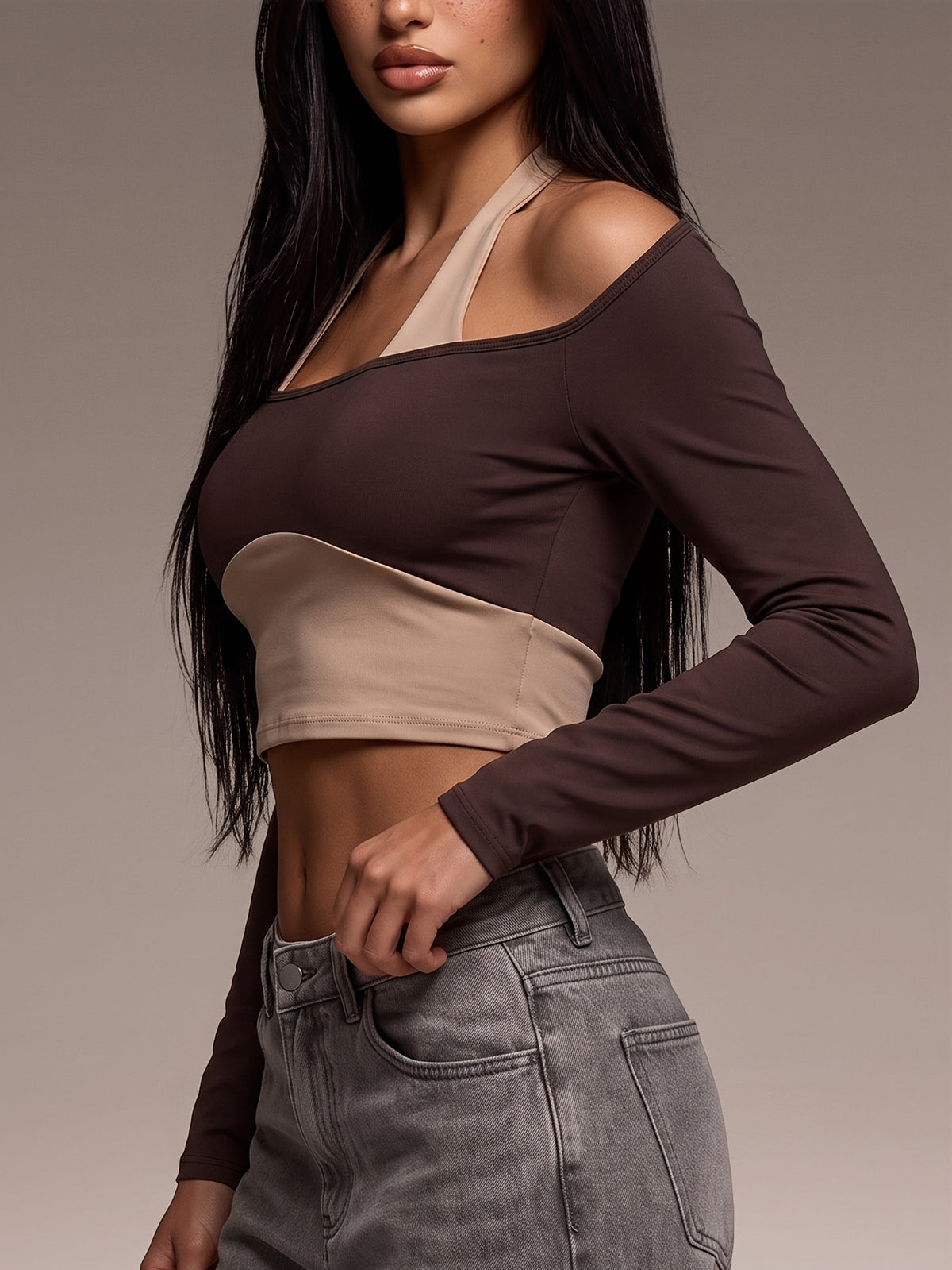 Off Shoulder Layered Crop Top - Coffee