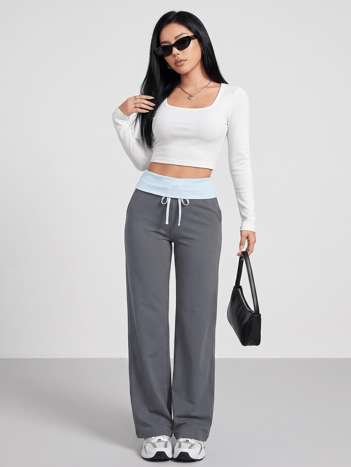 Ruffled Waist Drawstring Trousers - Grey