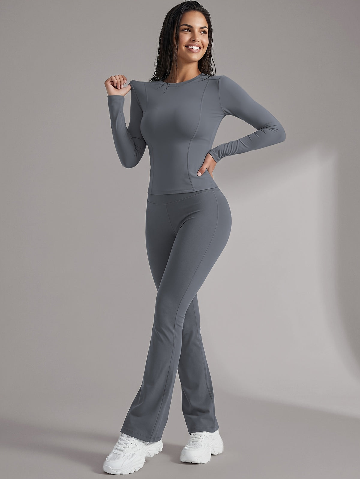 Long Sleeve Tee & Lift Yoga Pants Set - Gray