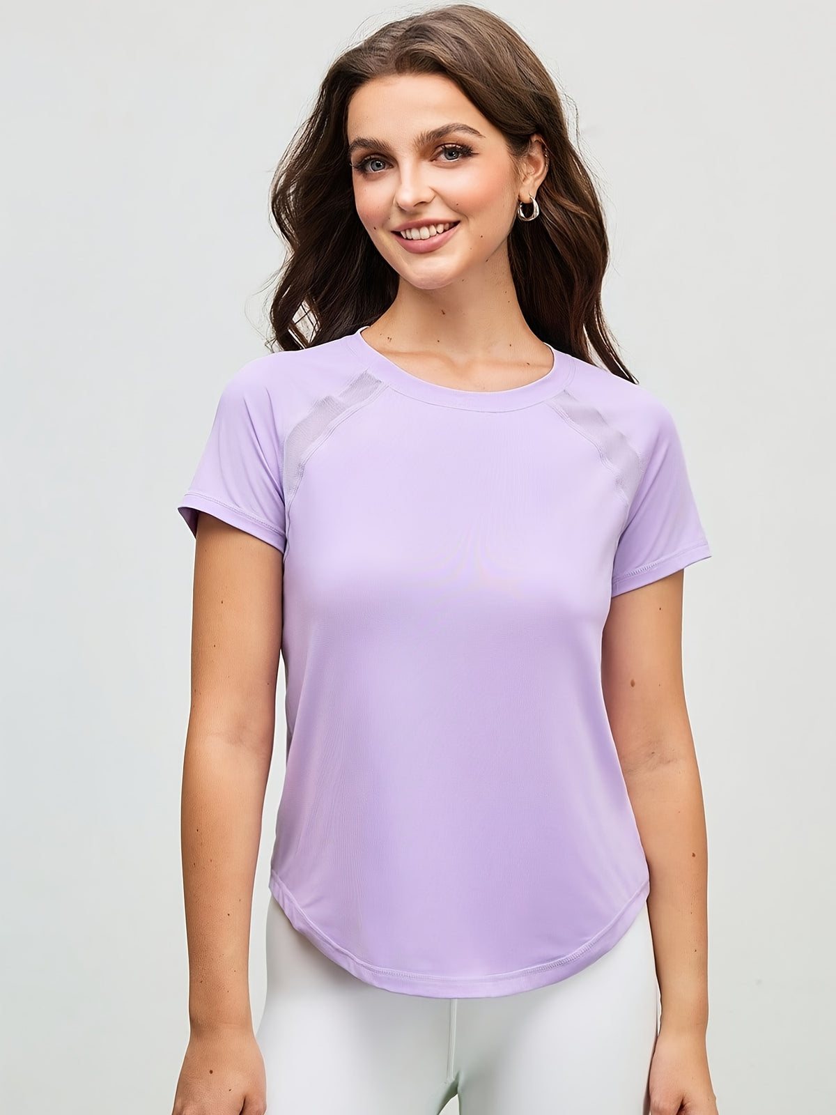 Mesh Spliced Quick-Dry Sports Tee - Light Purple