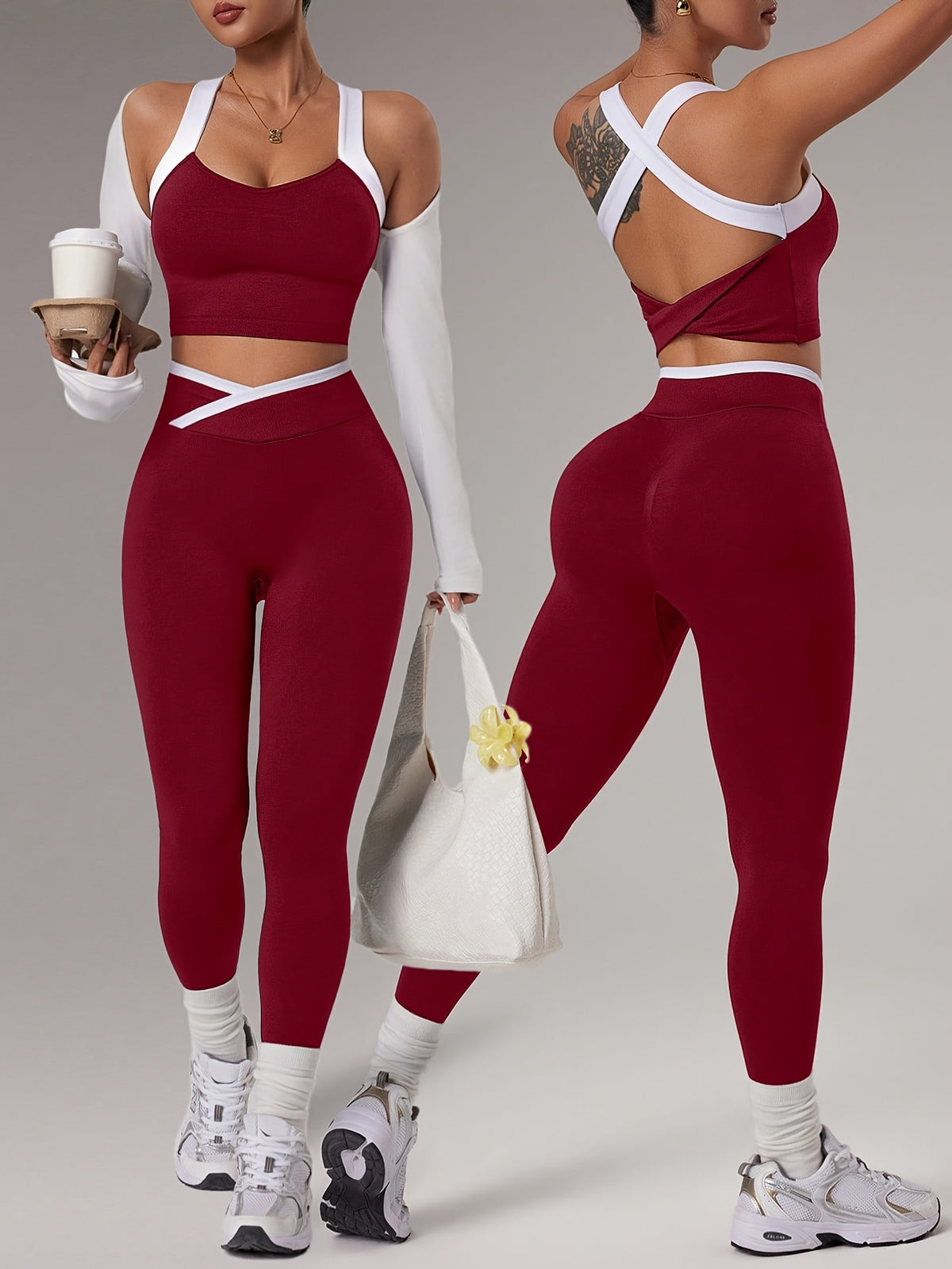 Cross Strap Bra & Leggings Set - Burgundy