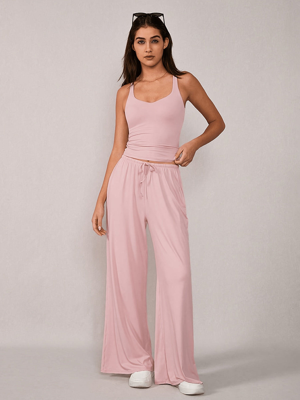 Racerback Tank & Wide Leg Pants Set - Light Pink