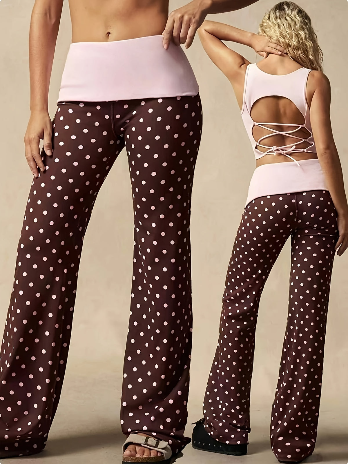 Polka Dot Fold Waist Flare Pants - Brown Base With Pink Dots