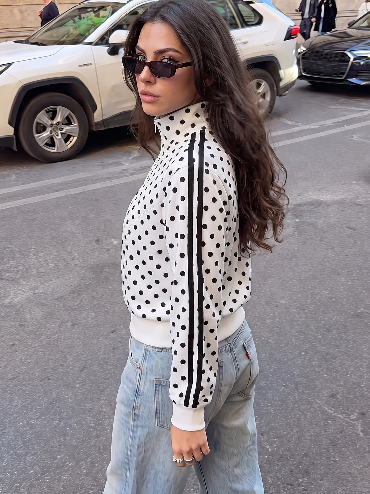 Polka Dot Stand Collar Zip Jacket - White