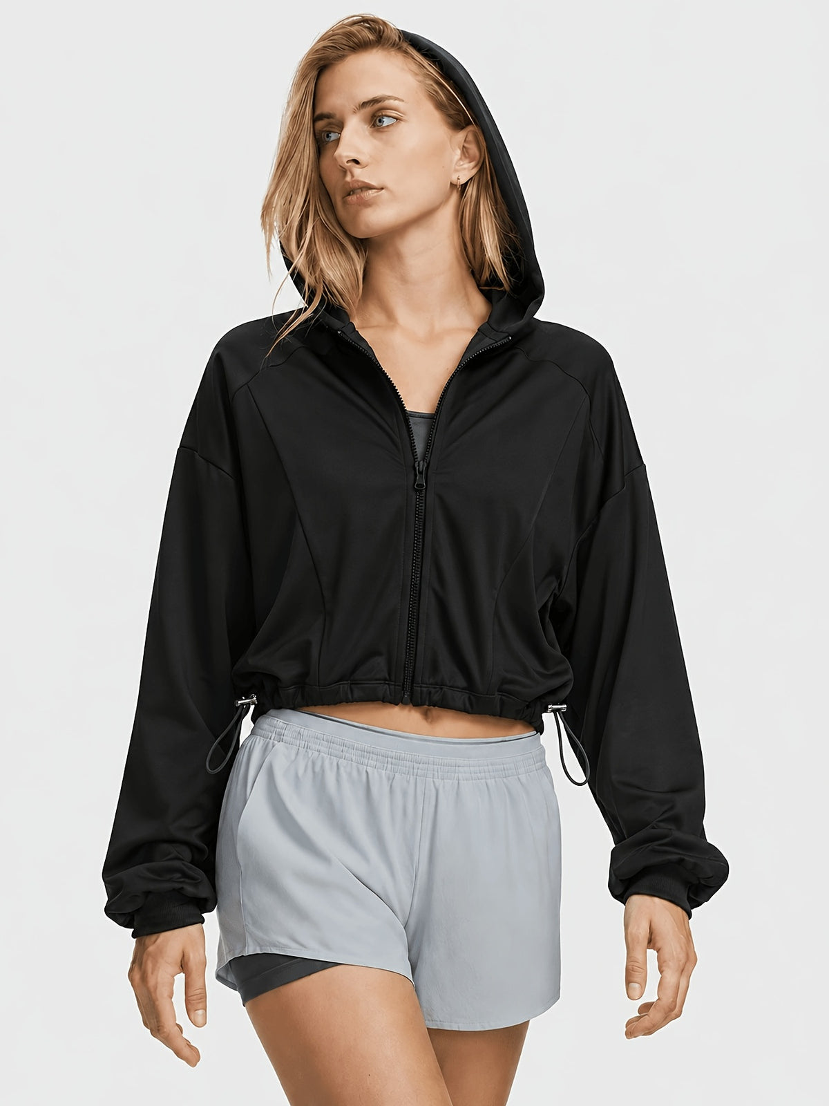 Hooded Drawstring Hem Cropped Jacket - Black