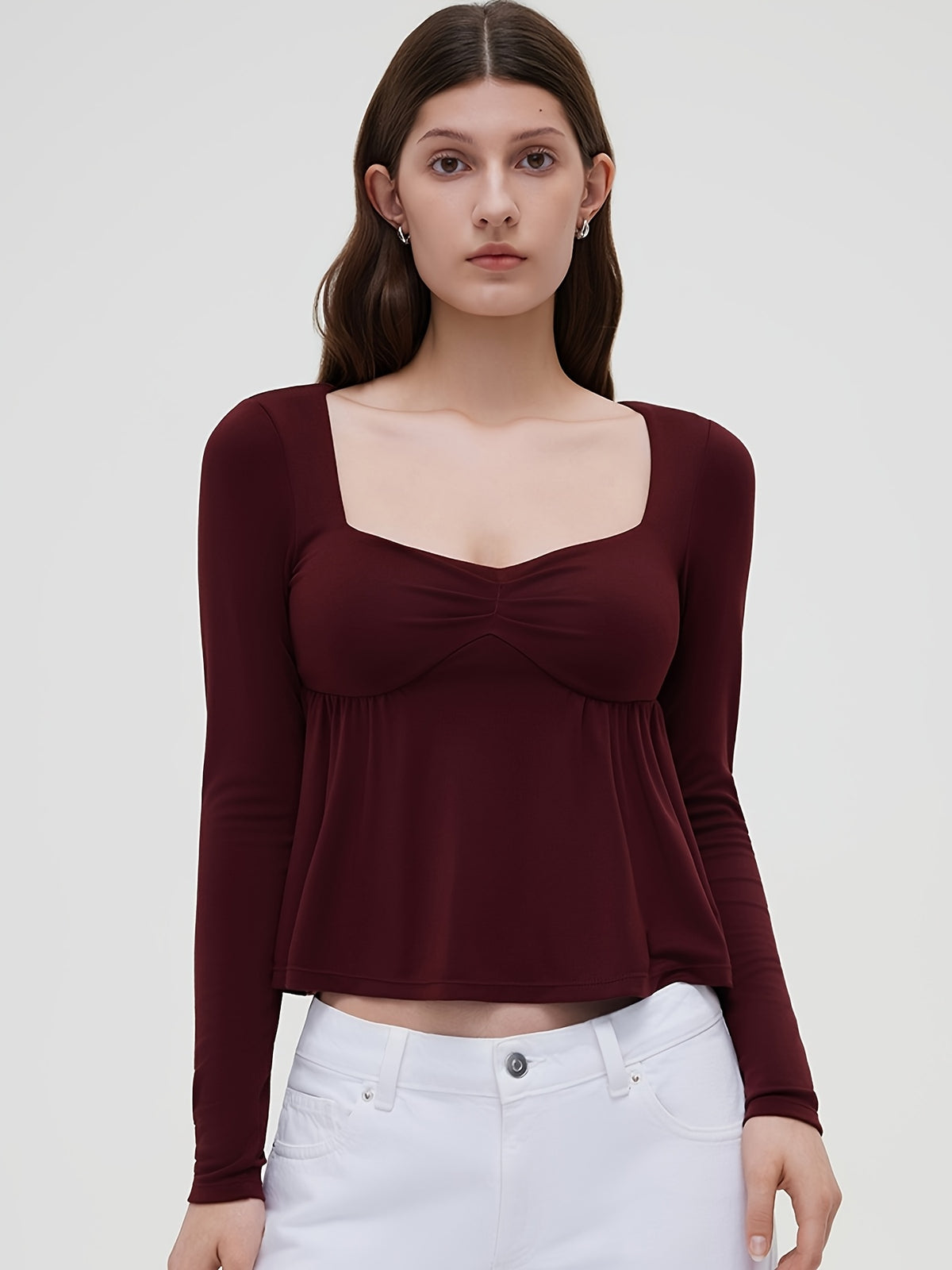Ruffle Trim Doll Neck Long Sleeve Top - Burgundy