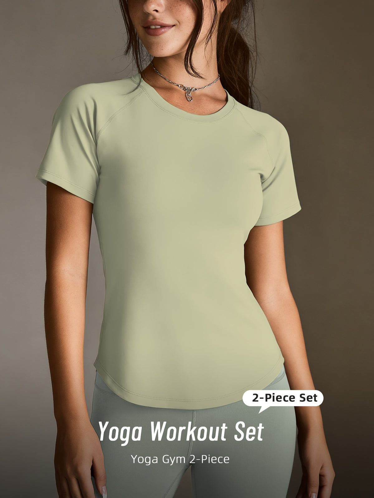 Mesh Cutout Tee & High Waist Leggings Set - Light Green & Yellow Green