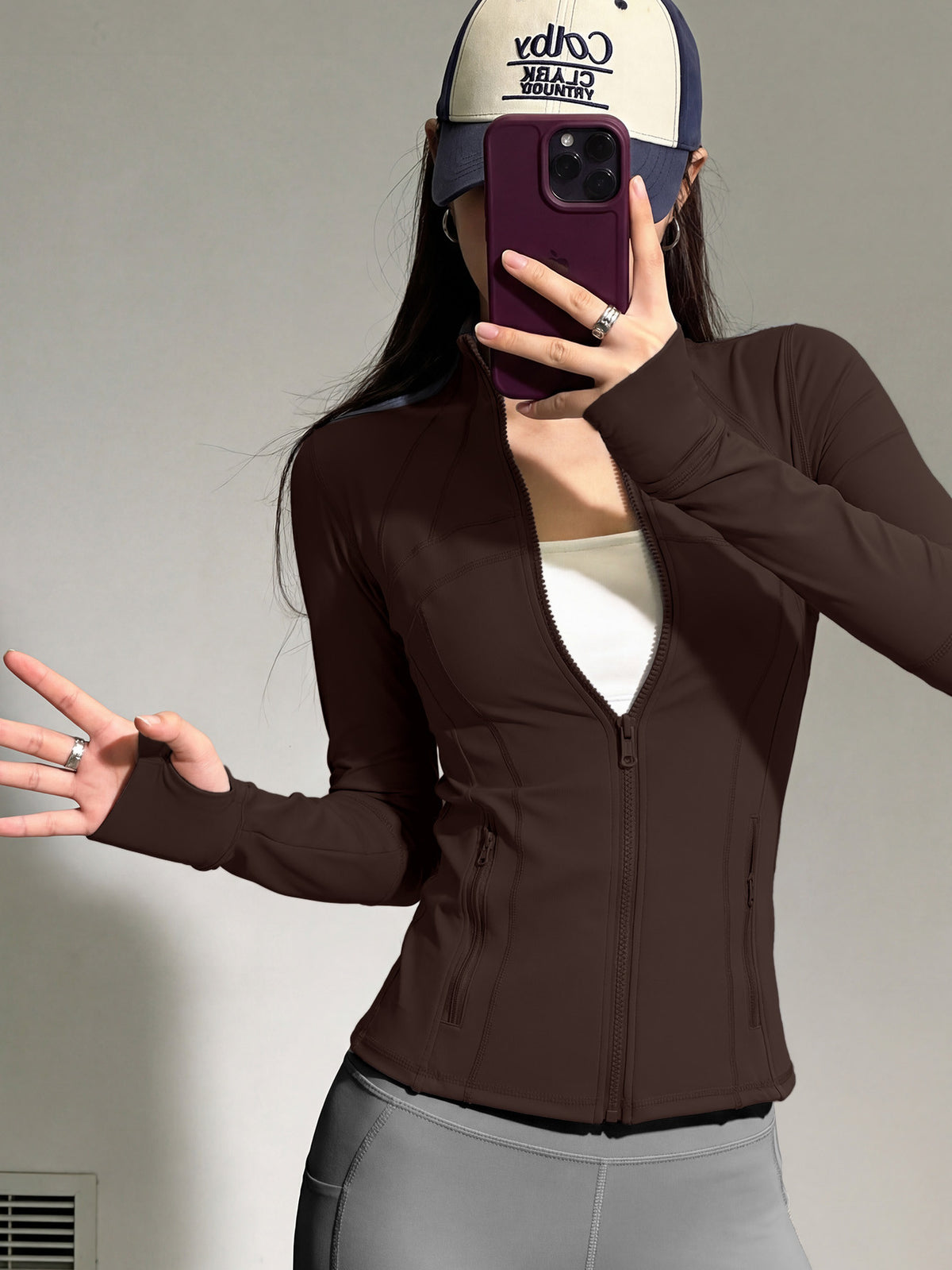 Half Zip Thumb Loop Slim Jacket - Coffee