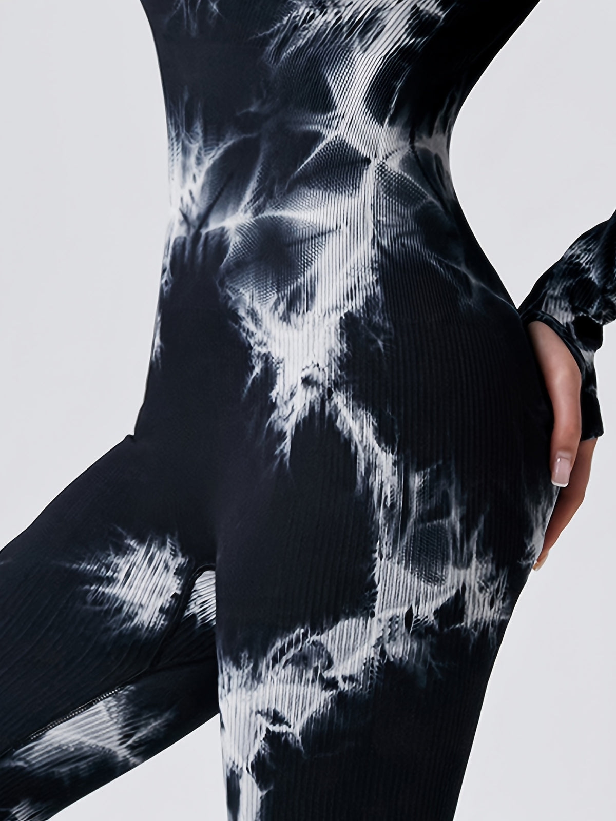 Tie Dye Ribbed Long Sleeve Jumpsuit - Black Tie Dye