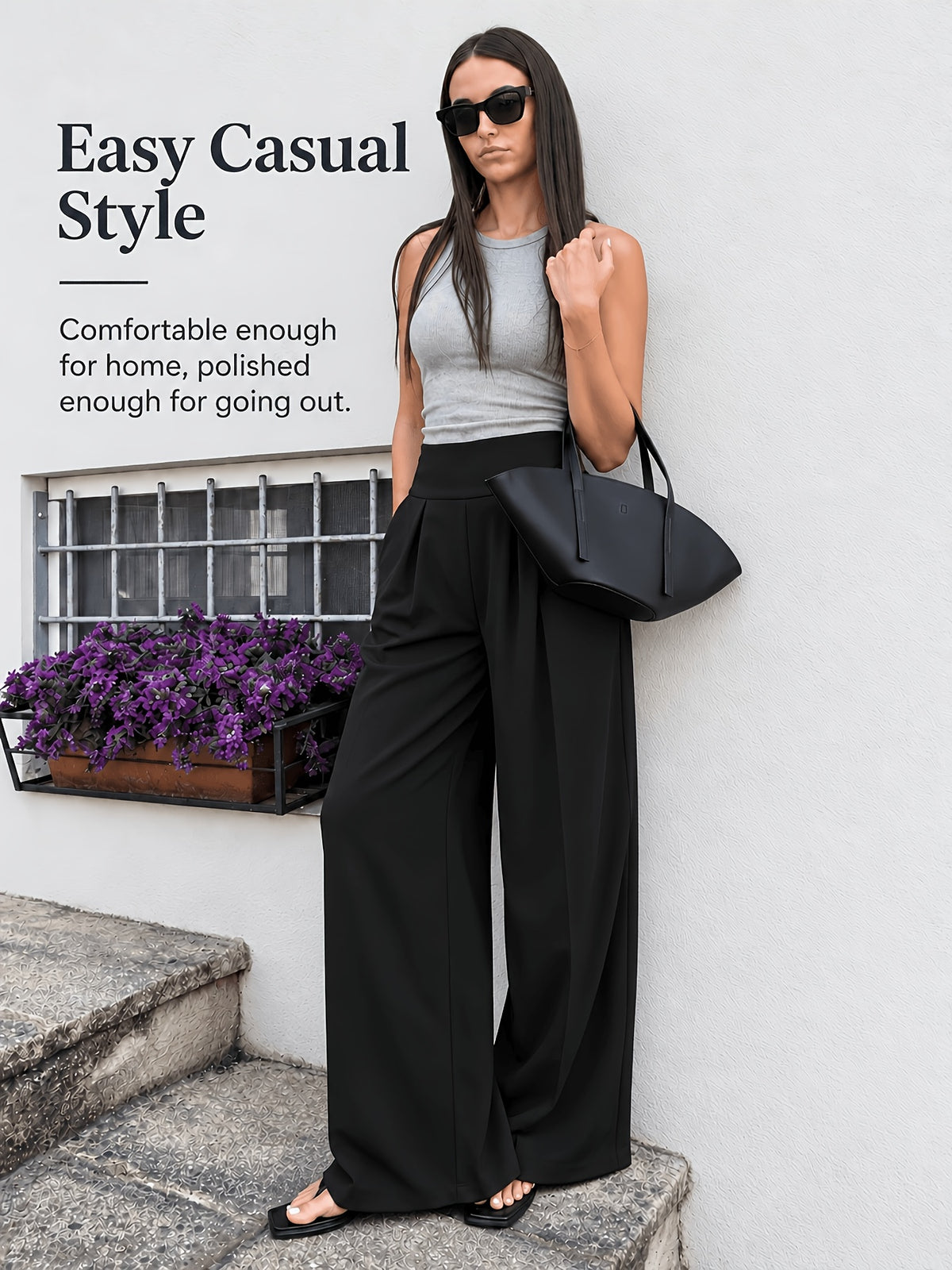 Front Pleat Straight Leg Yoga Pants - Black