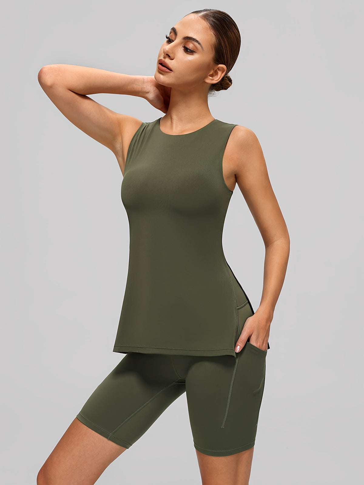 Side Slit Tank & Shorts Set - Olive Green