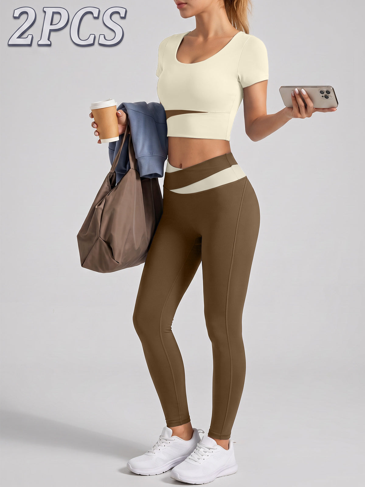 Contrast Tee & High Waist Leggings Set - Ivory White & Cocoa