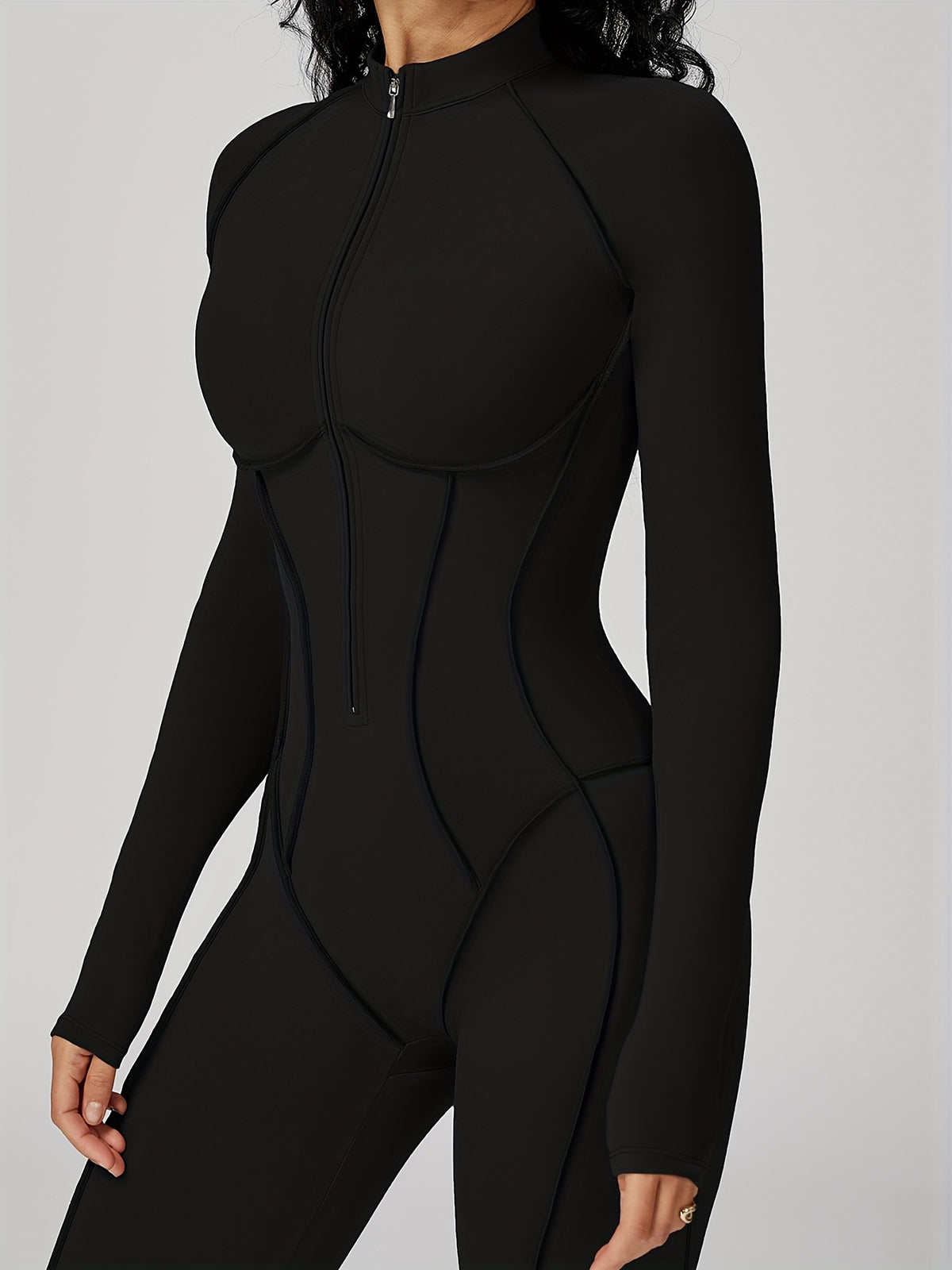 Half Zip Long Sleeve Jumpsuit - Black