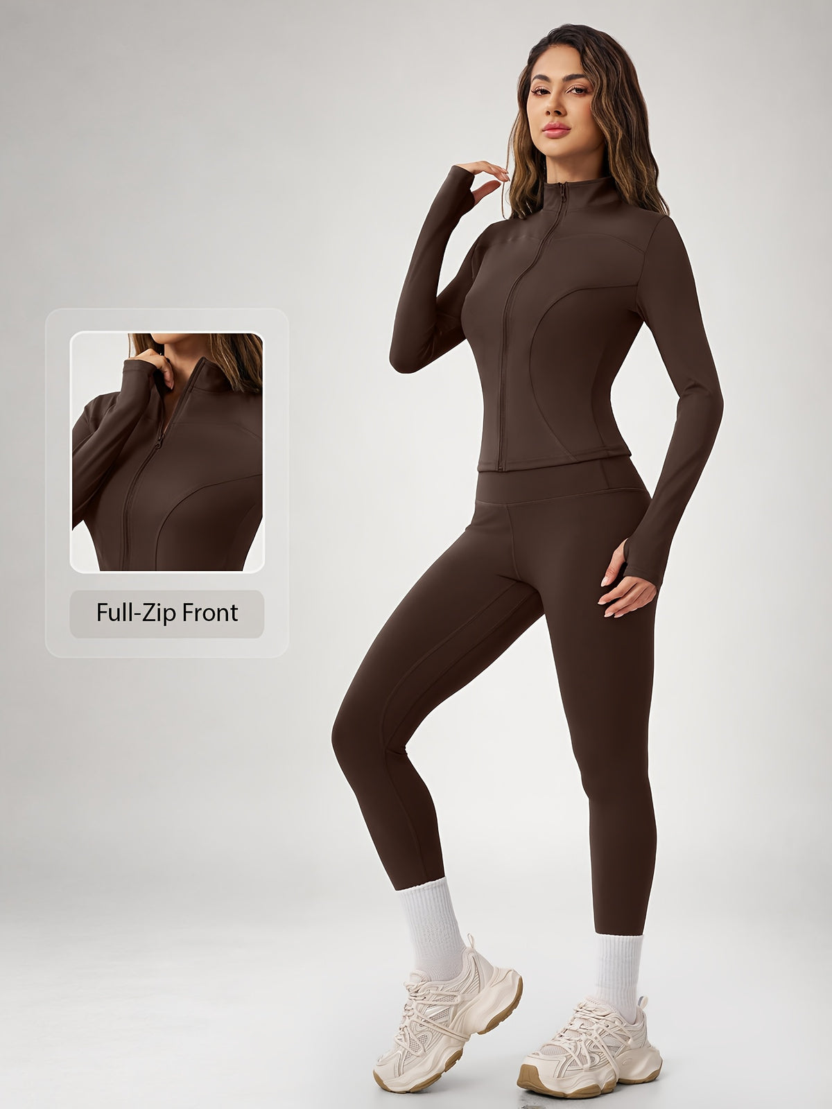 Thumbhole Cropped Zip Jacket & Leggings Set - Espresso