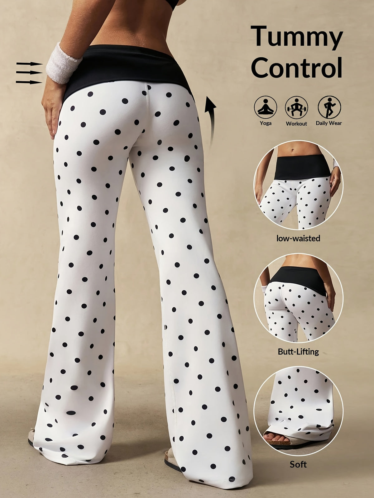 Polka Dot Fold Waist Flare Pants - White