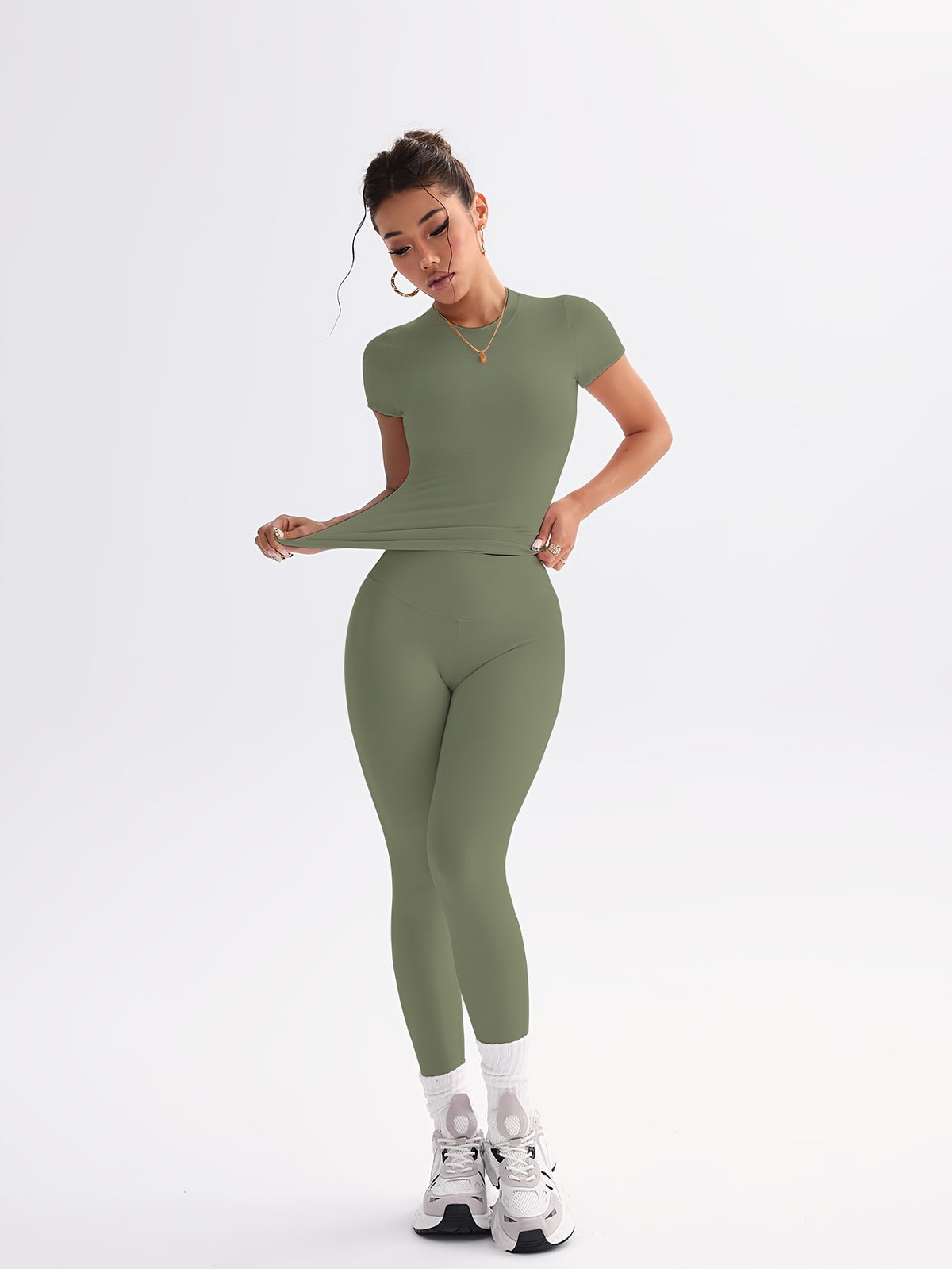 Cropped Tee & Leggings Set - Dark Green