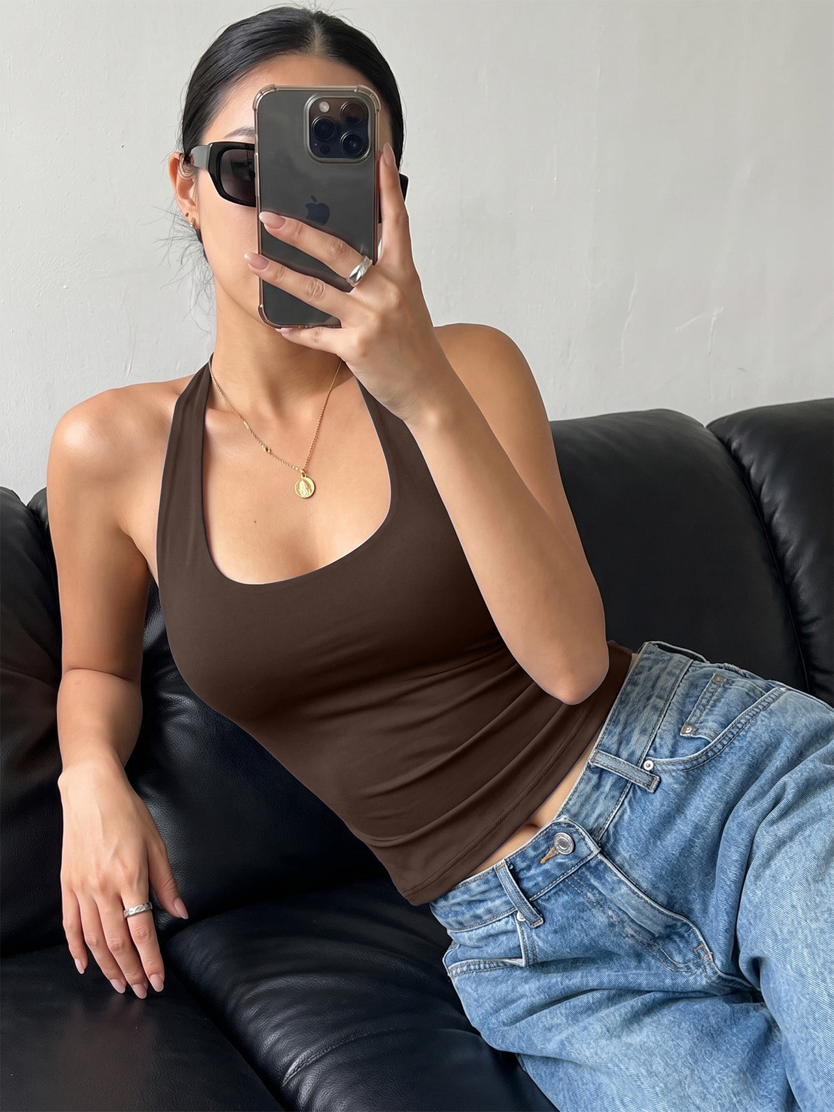 U-Neck Built-In Bra Tank Top - Coffee