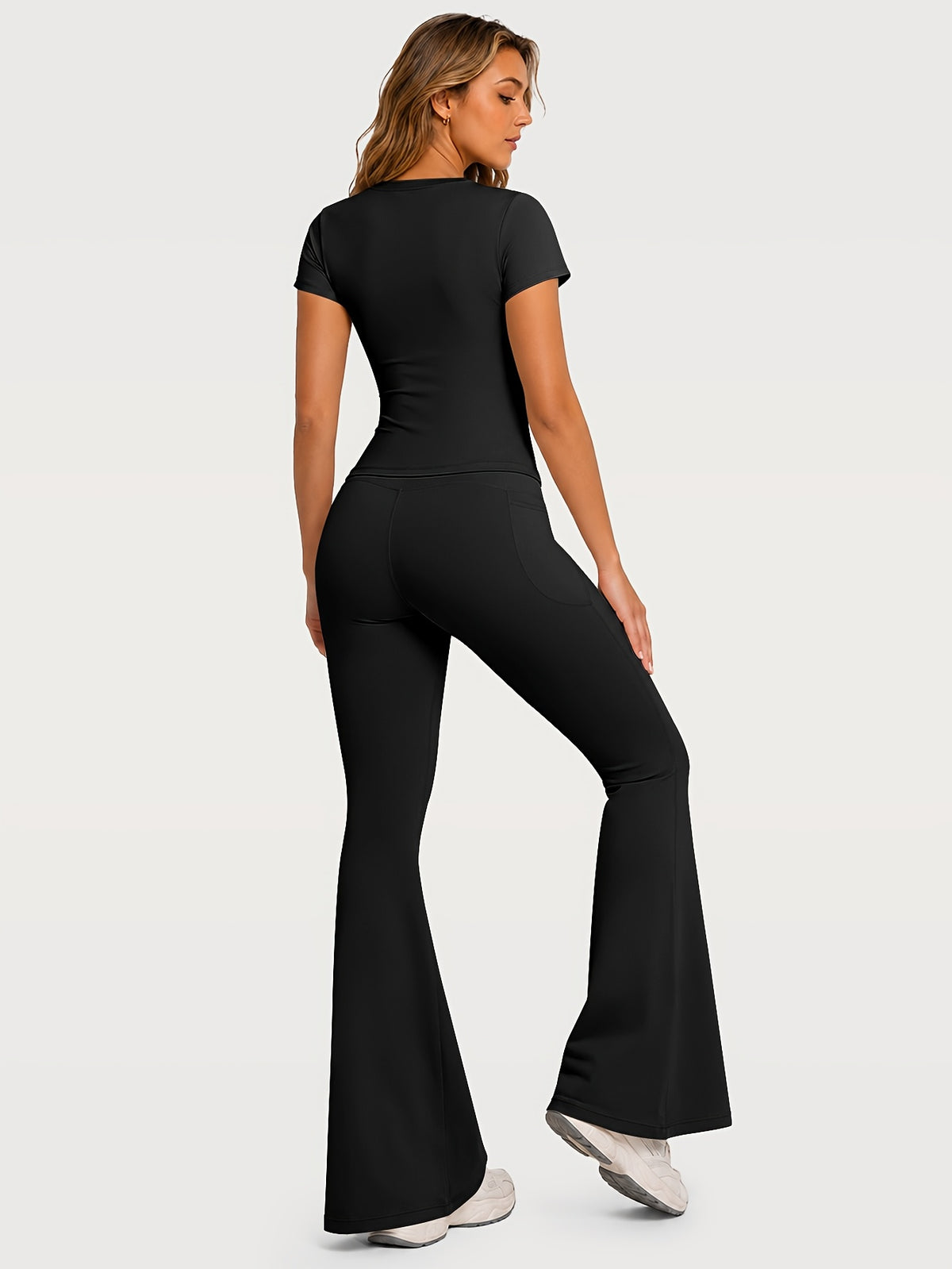 Fitted Tee & Flare Pants Set - Black