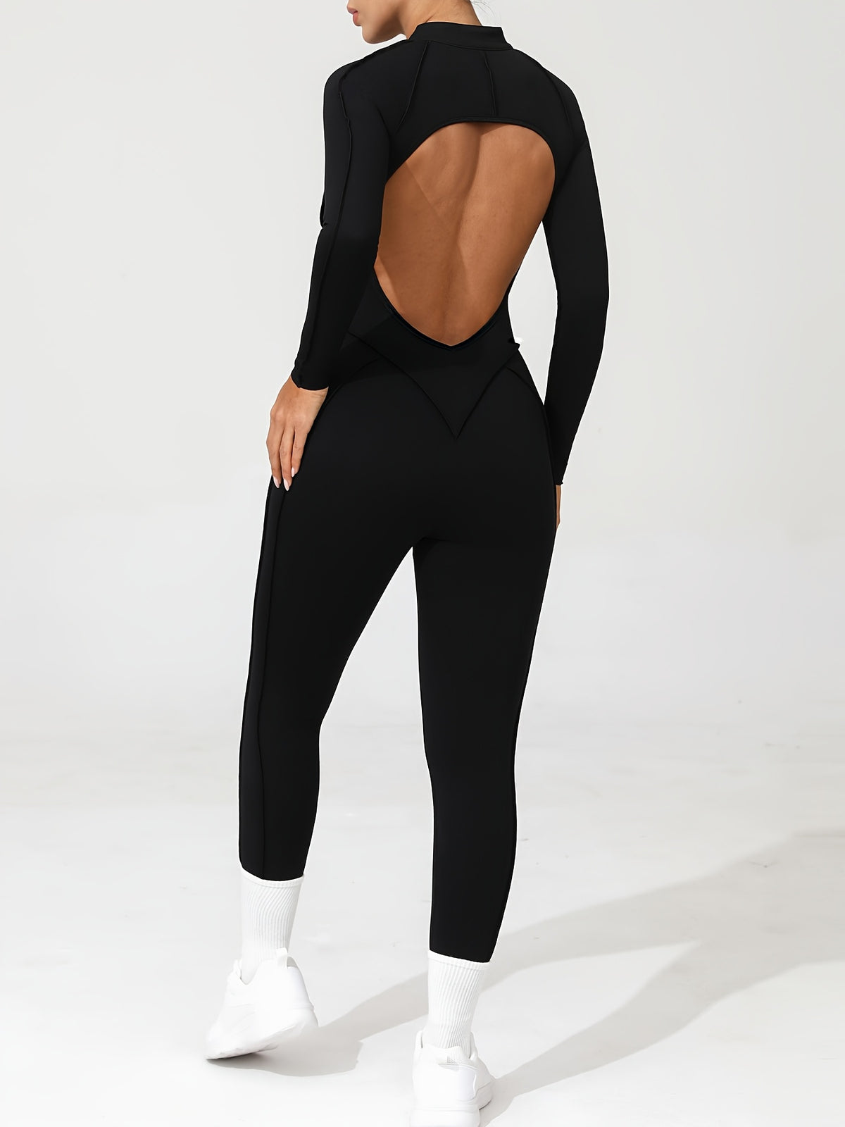 Half Zip Open Back Long Sleeve Jumpsuit - Black