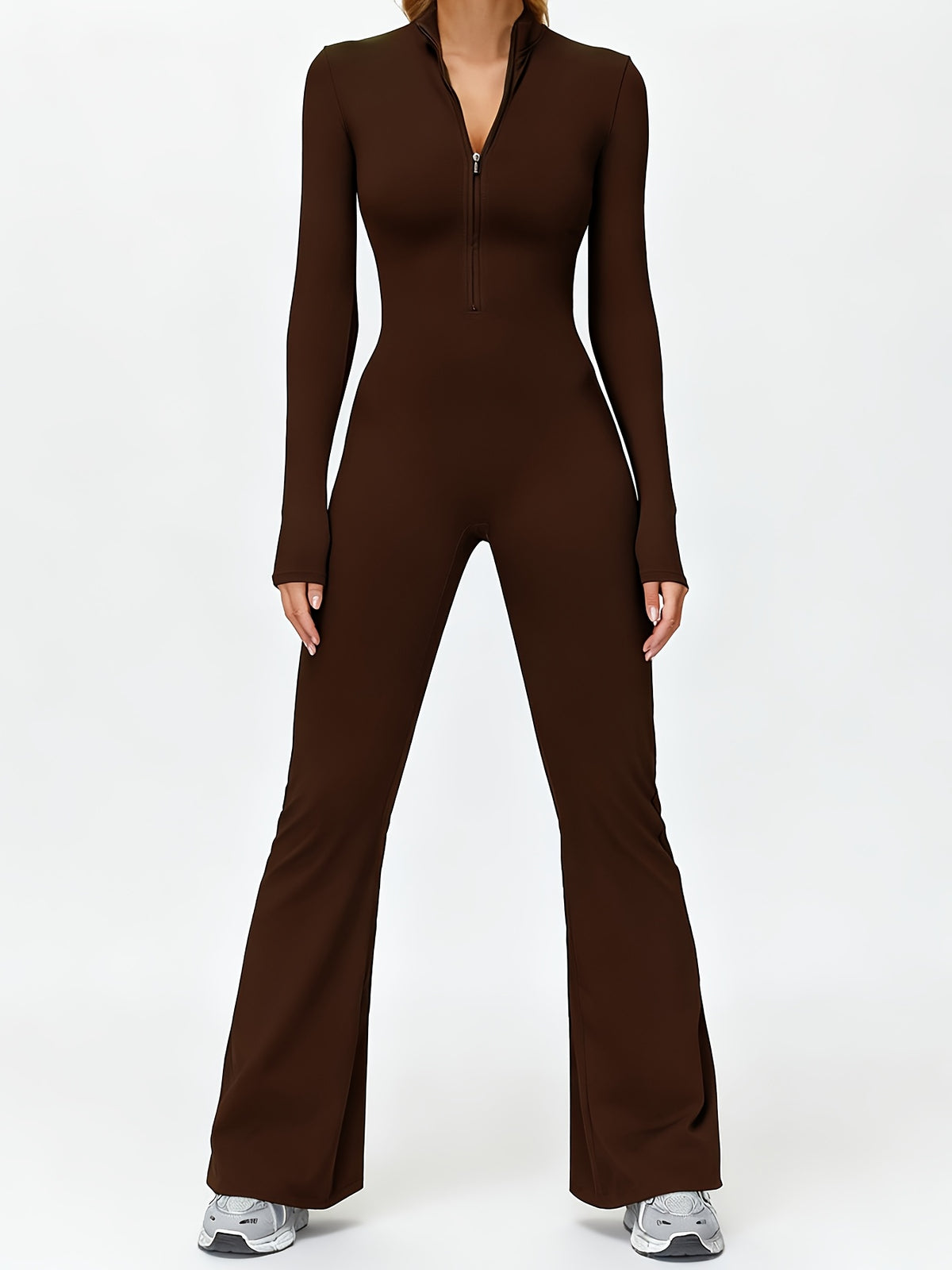 Long Sleeve Zip Flared Jumpsuit - Coffee