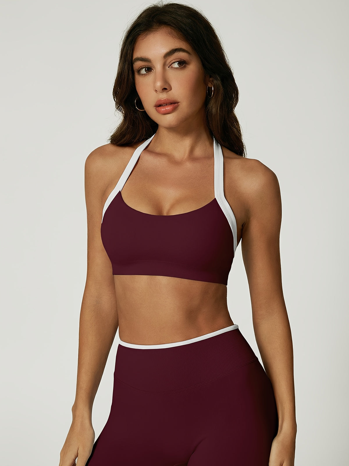 Contrast Trim Halter Bra & Shorts Set - Plum