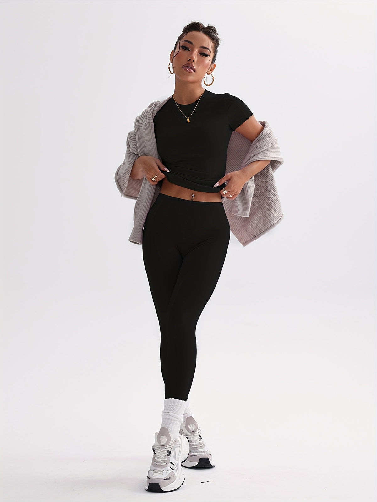 Cropped Tee & Leggings Set - Black