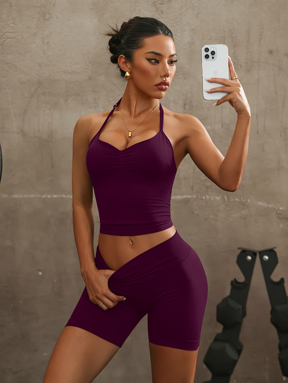 Halter Open Back Vest & Shorts Set - Cherry Purple