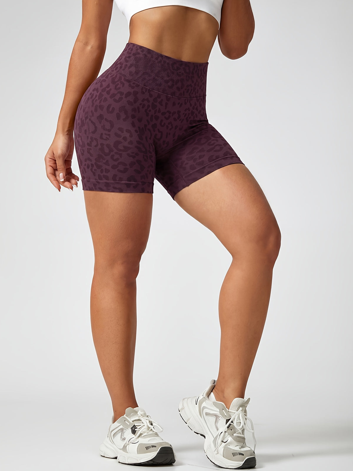 Leopard Seamless Ribbed Biker Shorts - Plum