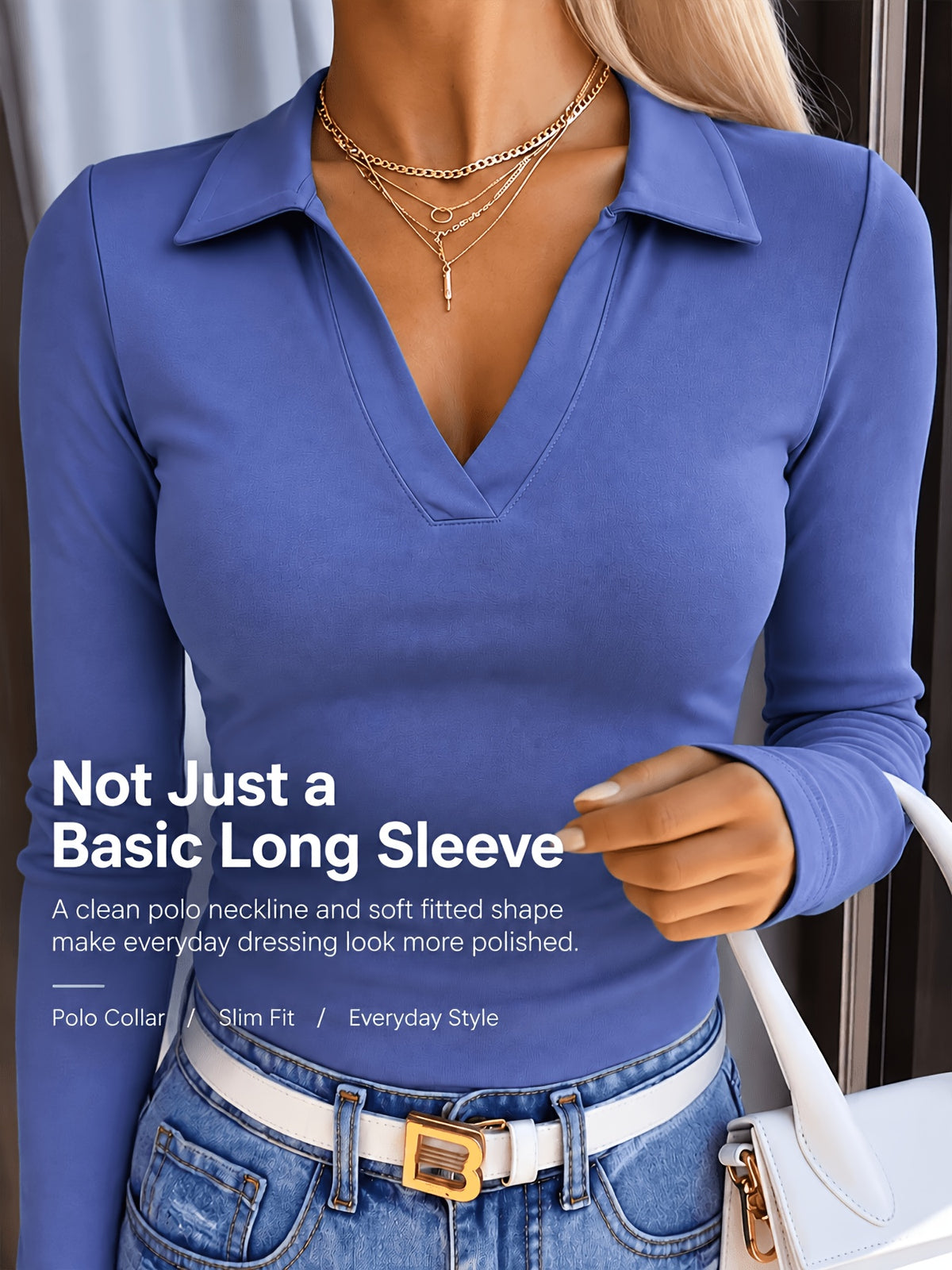 V-Neck Collared Long Sleeve Golf Top - Navy