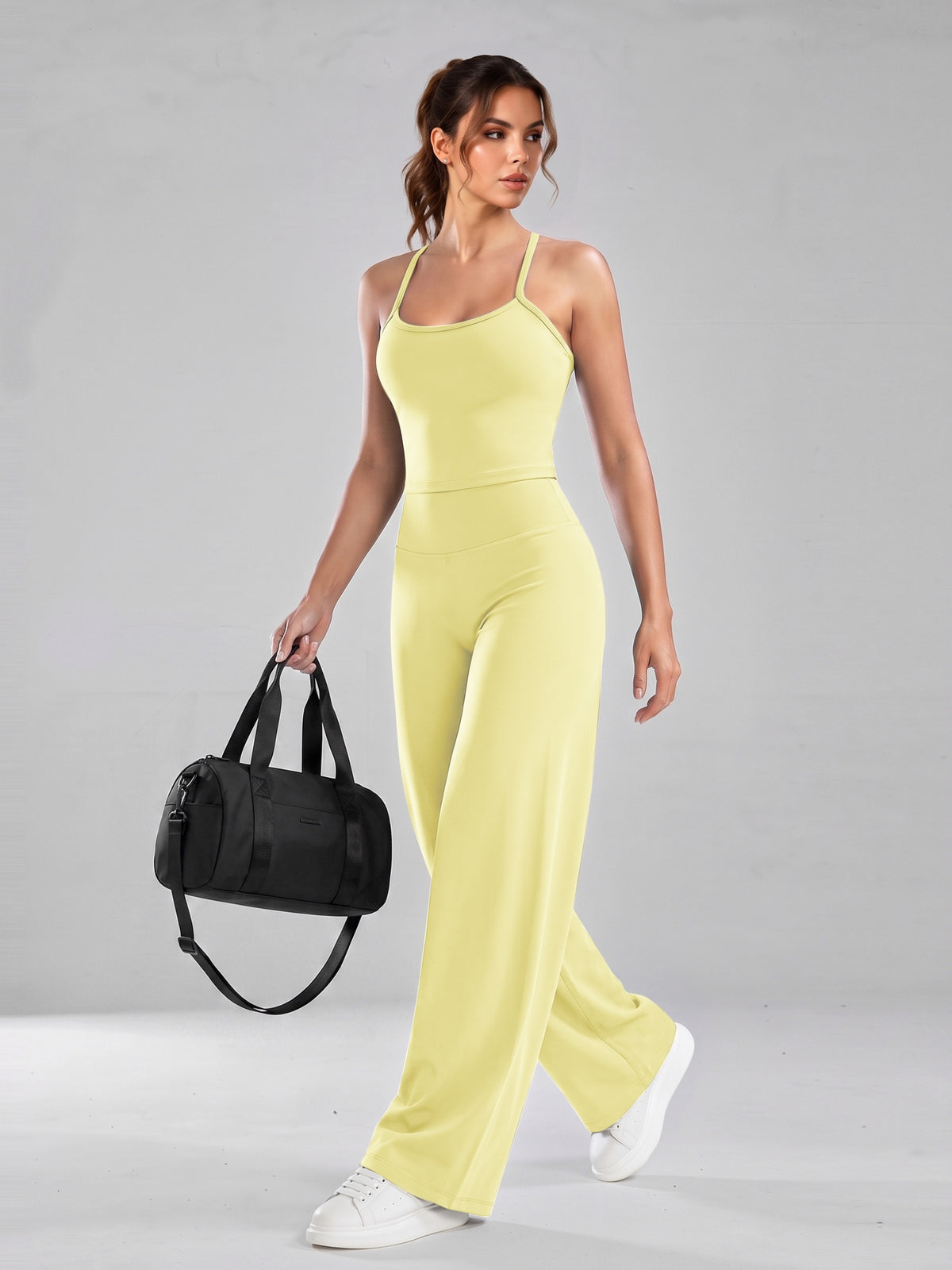 Cross Back Cami & Wide Leg Pants Set - Yellow