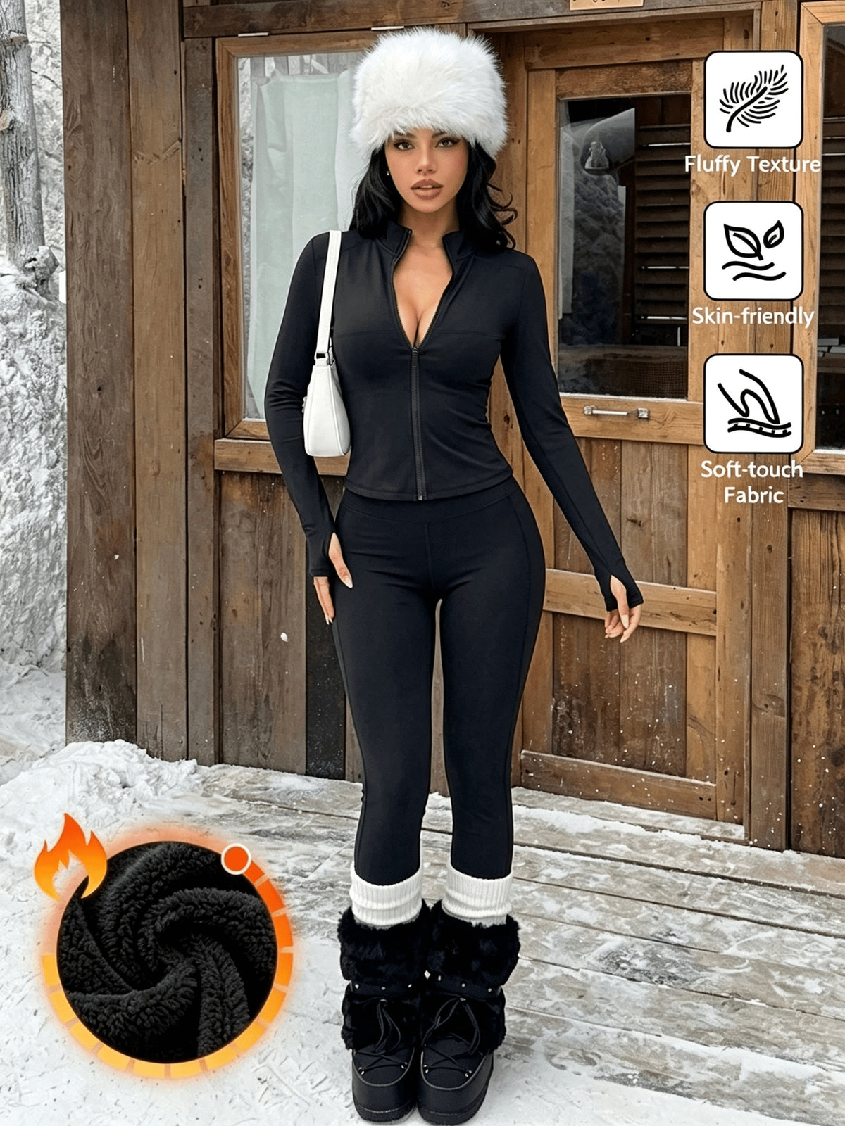 Fleece Lined Zip Jacket & Flare Pants Set - Black
