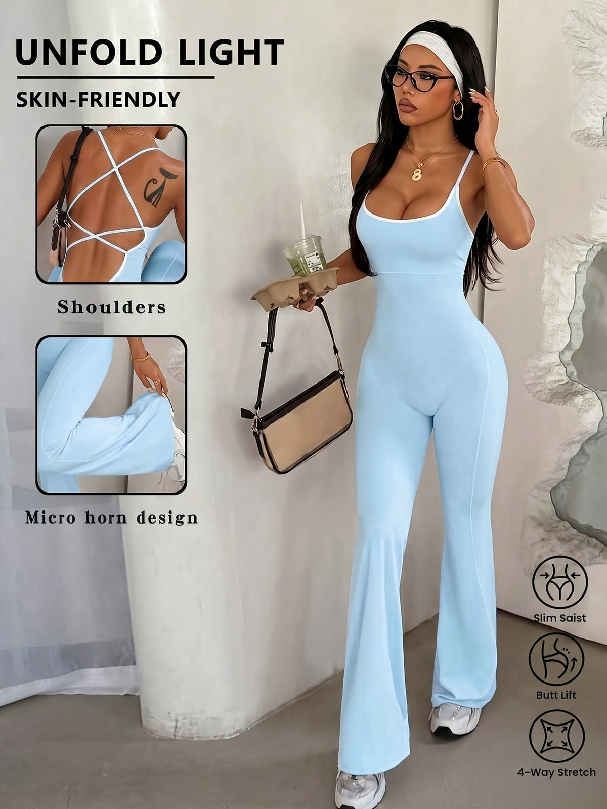 Cross Back Flare Jumpsuit - Sky Blue