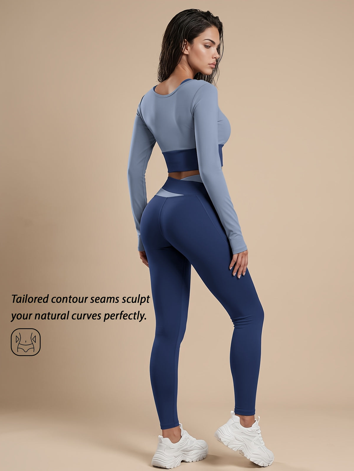 Faux Two-Piece Contrast Top & Leggings Set - Light Blue & Navy Blue