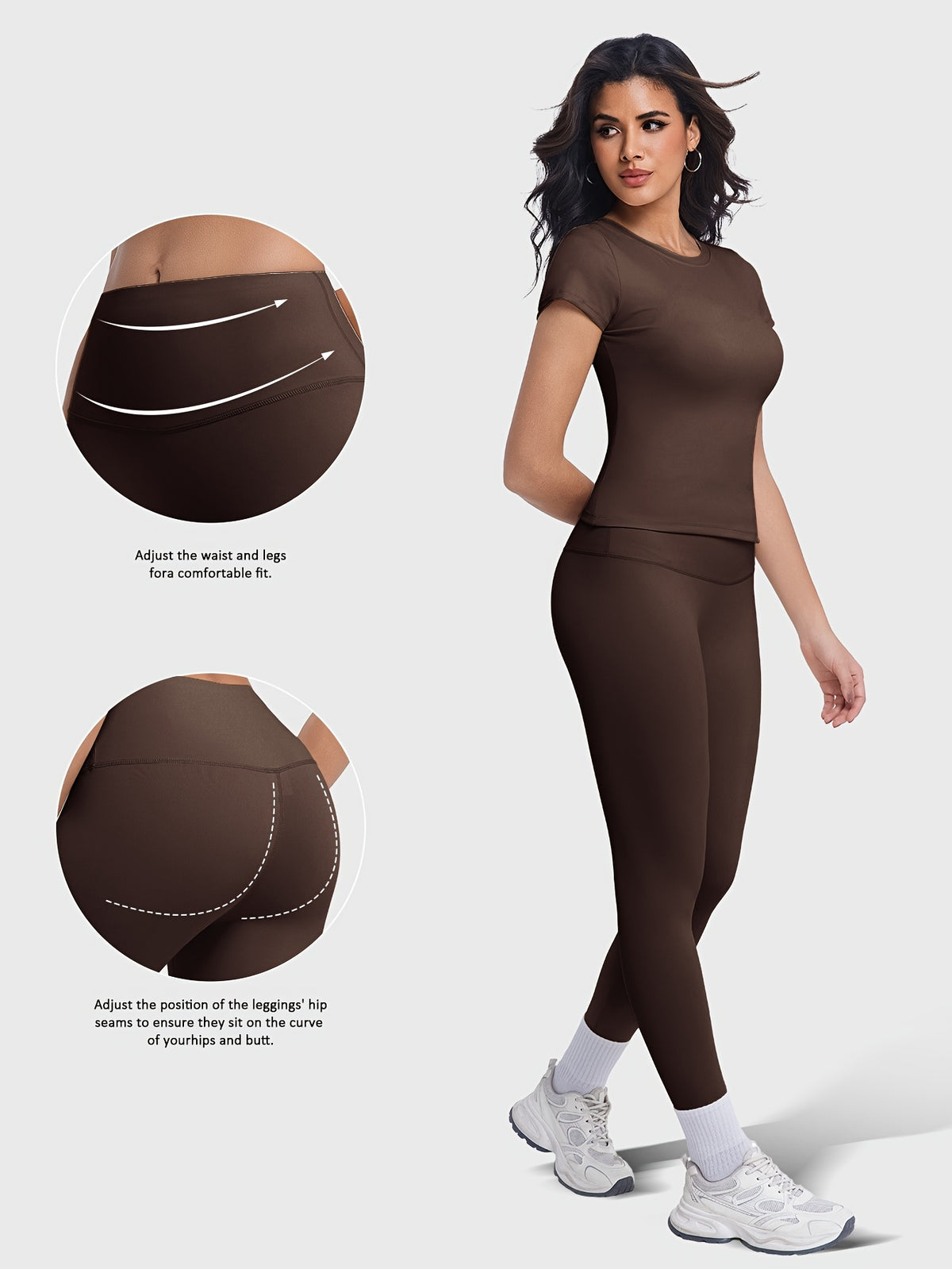Crew Neck Tee & Leggings Set - Brown