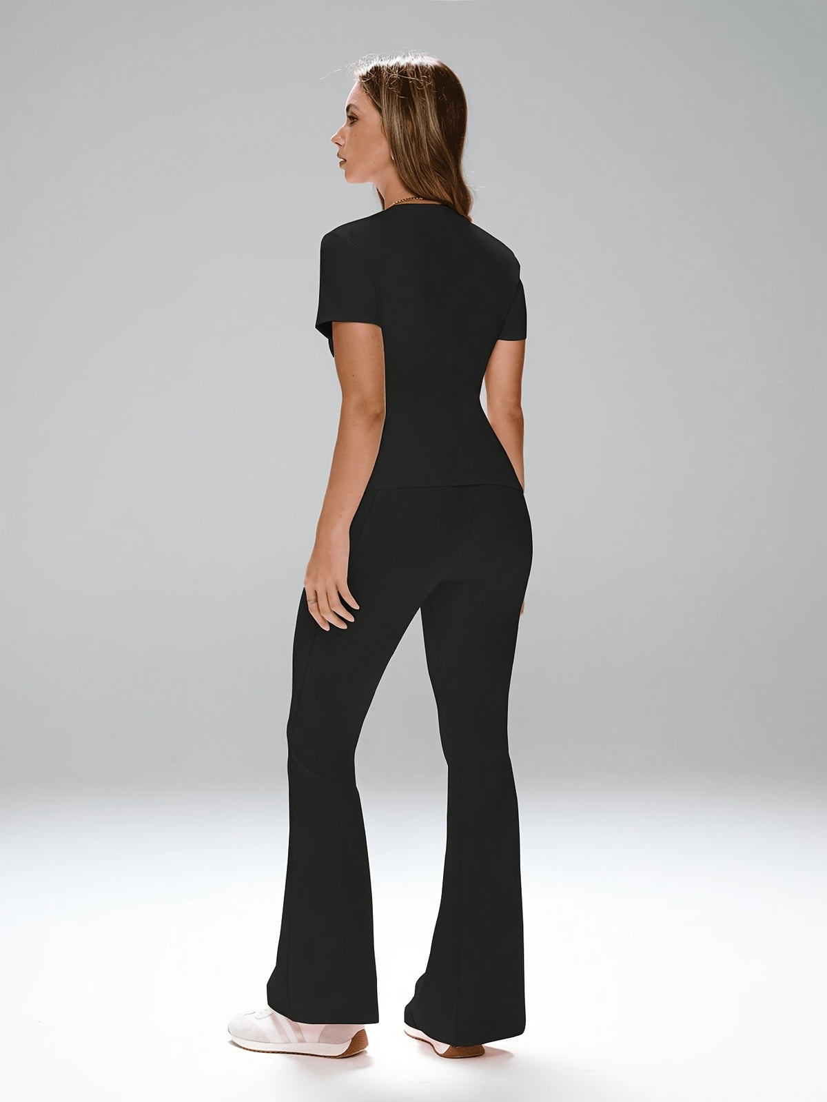 Short Sleeve Top & Flare Pants Set - Black
