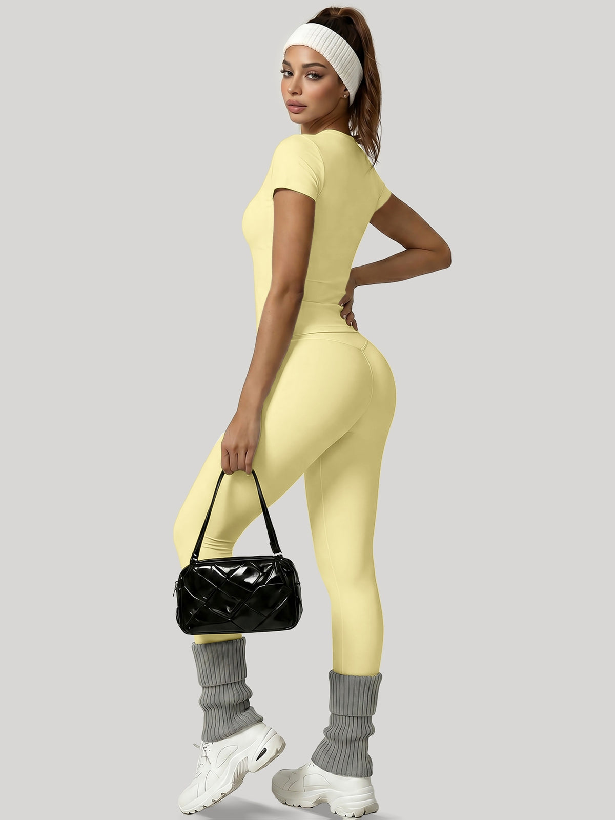 Round Neck Top & Tummy Tuck Leggings Set - Yellow