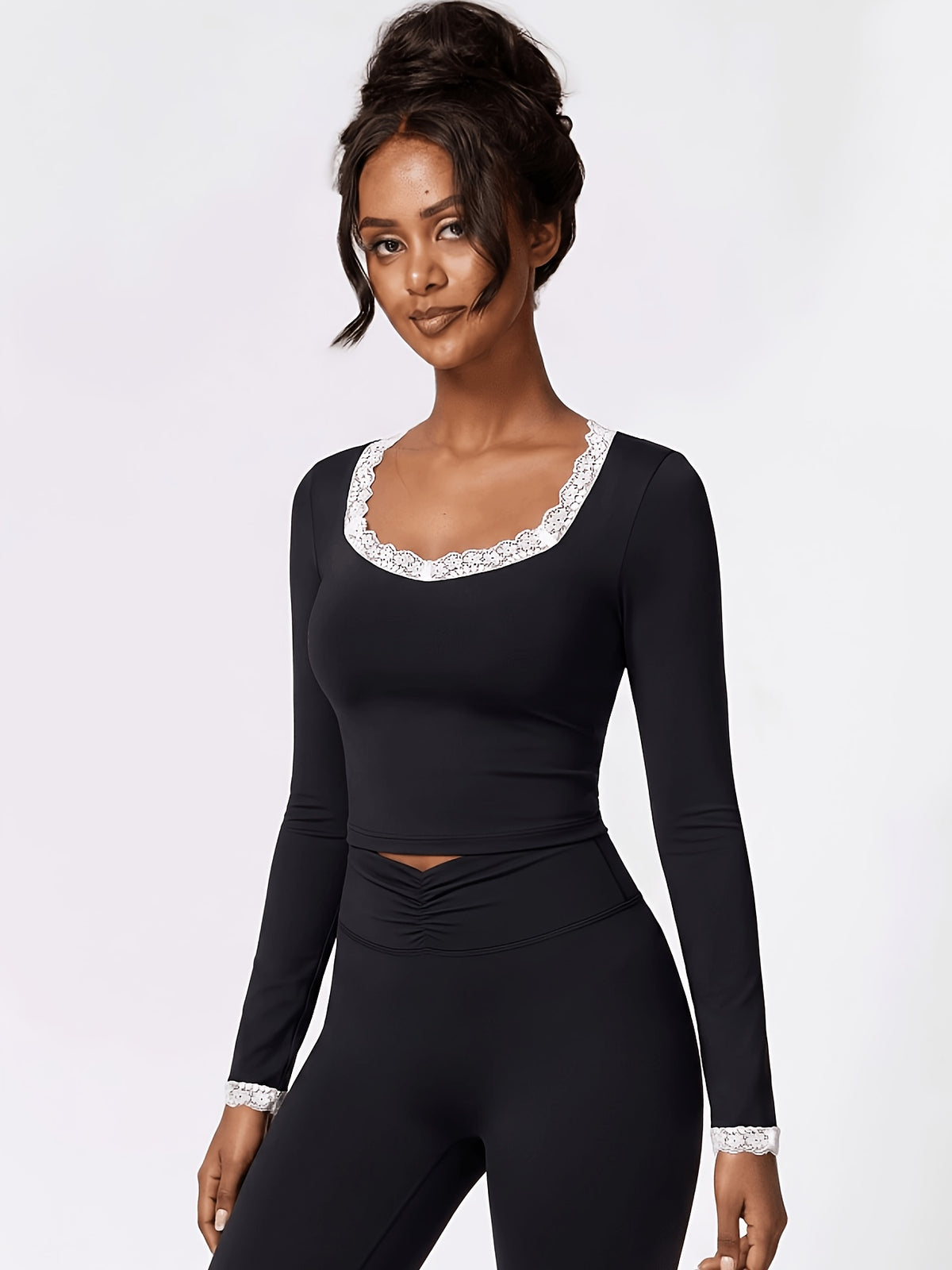Contrast Trim Crop Top & Leggings Set - Black